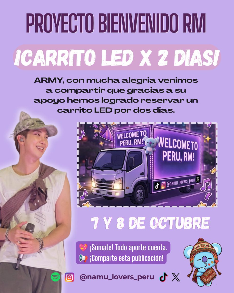 namu_lovers_pe's tweet photo. 💜💙BIENVENIDO RM💜💙
Gracias al apoyo de todo ARMY, ahora podemos decirles que vamos a tener DOS CARRITOS LED 🥳🥳
Crucemos los dedos para que nuestro querido líder vea nuestros hermosos videos!

🐨 Días: 07.10 y 08.10

Sobre las rutas y horarios, estamos coordinando cada detalle para que puedan verlo, tomarse fotos y disfruten de este bonito proyecto!

#bts #kimnamjoon #RM #army #tourarirang #BTS_WORLDTOUR_ARİRANG #btsarmy