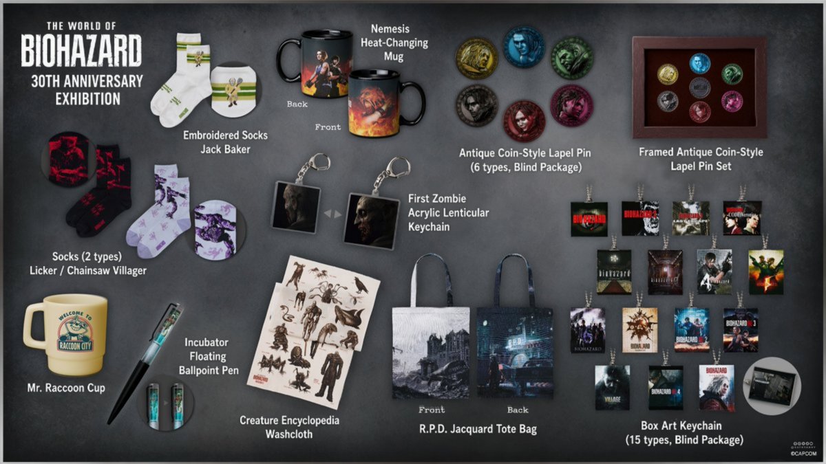 kathyanhy's tweet photo. New Exclusive Merchandise from the Resident Evil 30th Anniversary Exhibition: All Products Revealed!🛍️

Capcom has unveiled a new batch of official merchandise available exclusively at “The World of Biohazard — 30th Anniversary Exhibition,” taking place in Tokyo from October 30 to December 24, 2026. The line combines iconic elements from the series with original designs:

🔹Akabeko-Style Zombie Dog — ¥6,600 / about $41.95
🔹S.T.A.R.S. Photo T-shirt — ¥4,900 / about $31.15
🔹VILLAINS T-shirt — ¥4,900 / about $31.15
🔹WELCOME T-shirt — ¥5,400 / about $34.32
🔹Wesker Bleached T-shirt — ¥4,900 / about $31.15
🔹Mr. Raccoon T-shirt — ¥5,400 / about $34.32
🔹Nemesis Hoodie — ¥11,000 / about $69.92
🔹Exhibition Key Visual T-shirt (2 types, White/Gray) — ¥3,900 each / about $24.79 each
🔹Socks (2 types, Licker/Chainsaw Villager) — ¥1,980 each / about $12.59 each
🔹Embroidered Socks Jack Baker — ¥2,500 / about $15.89
R.P.D.
🔹Jacquard Tote Bag — ¥6,600 / about $41.95
🔹Nemesis Heat-Changing Mug — ¥2,800 / about $17.80
🔹Mr. Raccoon Cup — ¥1,000 / about $6.36
🔹Stainless Steel Tumbler (w/ Straw) — ¥3,300 / about $20.98
🔹Incubator Floating Ballpoint Pen — ¥1,200 / about $7.63
🔹Container Box — ¥13,200 / about $83.91
🔹Creature Encyclopedia Washcloth — ¥1,980 / about $12.59
🔹Towel Handkerchief (3 types) — ¥1,320 each / about $8.39 each
🔹30th Anniversary Eco-Bag — ¥2,420 / about $15.38
🔹Creature Bandana (2 types, Beige/Blue) — ¥1,760 each / about $11.19 each
🔹Exhibition Key Visual Shopping Bag — ¥500 / about $3.18
🔹THE WORLD OF BIOHAZARD 30th Anniversary Exhibition Official Catalog — ¥3,850 / about $24.47
🔹Glowing Sticker (2 types, BIOHAZARD / 30th Anniversary Logo) — ¥770 each / about $4.89 each
🔹Creature Drawstring Bag — ¥1,650 / about $10.49
🔹Multi-Pouch — ¥2,750 / about $17.48
🔹Antique Coin-Style Lapel Pin (6 types, Blind Package) — ¥990 each / about $6.29 each
🔹Framed Antique Coin-Style Lapel Pin Set — ¥9,800 / about $62.29
🔹Stand Pin (6 types) — ¥1,650 each / about $10.49 each
🔹First Zombie Acrylic Lenticular Keychain — ¥770 / about $4.89
🔹Box Art Keychain (15 types, Blind Package) — ¥880 each / about $5.59 each
🔹Box Art Keychain Box Set — ¥13,200 / about $83.91
🔹“THE WORLD OF BIOHAZARD 30th Anniversary Exhibition” I-Was-There Cookies — ¥1,500 / about $9.53

#REBHFun #RE30th #ResidentEvil #バイオハザード
