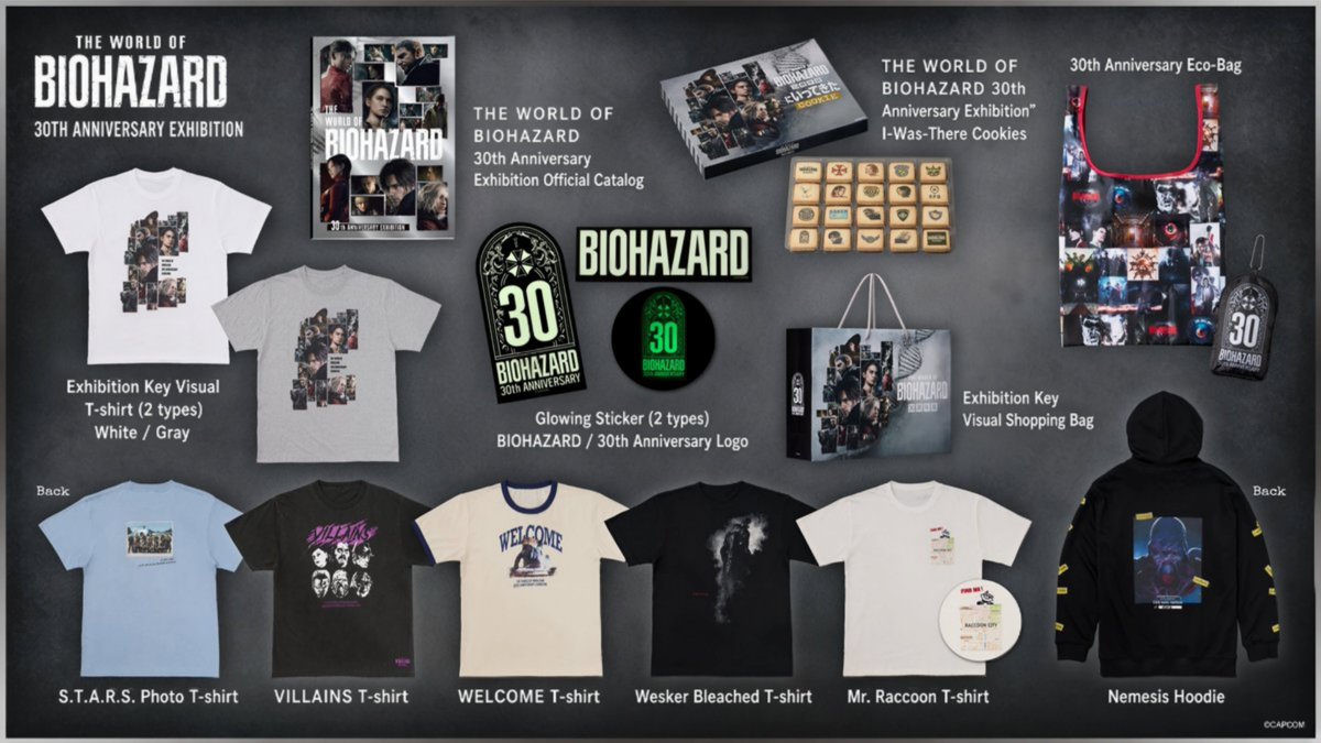 kathyanhy's tweet photo. New Exclusive Merchandise from the Resident Evil 30th Anniversary Exhibition: All Products Revealed!🛍️

Capcom has unveiled a new batch of official merchandise available exclusively at “The World of Biohazard — 30th Anniversary Exhibition,” taking place in Tokyo from October 30 to December 24, 2026. The line combines iconic elements from the series with original designs:

🔹Akabeko-Style Zombie Dog — ¥6,600 / about $41.95
🔹S.T.A.R.S. Photo T-shirt — ¥4,900 / about $31.15
🔹VILLAINS T-shirt — ¥4,900 / about $31.15
🔹WELCOME T-shirt — ¥5,400 / about $34.32
🔹Wesker Bleached T-shirt — ¥4,900 / about $31.15
🔹Mr. Raccoon T-shirt — ¥5,400 / about $34.32
🔹Nemesis Hoodie — ¥11,000 / about $69.92
🔹Exhibition Key Visual T-shirt (2 types, White/Gray) — ¥3,900 each / about $24.79 each
🔹Socks (2 types, Licker/Chainsaw Villager) — ¥1,980 each / about $12.59 each
🔹Embroidered Socks Jack Baker — ¥2,500 / about $15.89
R.P.D.
🔹Jacquard Tote Bag — ¥6,600 / about $41.95
🔹Nemesis Heat-Changing Mug — ¥2,800 / about $17.80
🔹Mr. Raccoon Cup — ¥1,000 / about $6.36
🔹Stainless Steel Tumbler (w/ Straw) — ¥3,300 / about $20.98
🔹Incubator Floating Ballpoint Pen — ¥1,200 / about $7.63
🔹Container Box — ¥13,200 / about $83.91
🔹Creature Encyclopedia Washcloth — ¥1,980 / about $12.59
🔹Towel Handkerchief (3 types) — ¥1,320 each / about $8.39 each
🔹30th Anniversary Eco-Bag — ¥2,420 / about $15.38
🔹Creature Bandana (2 types, Beige/Blue) — ¥1,760 each / about $11.19 each
🔹Exhibition Key Visual Shopping Bag — ¥500 / about $3.18
🔹THE WORLD OF BIOHAZARD 30th Anniversary Exhibition Official Catalog — ¥3,850 / about $24.47
🔹Glowing Sticker (2 types, BIOHAZARD / 30th Anniversary Logo) — ¥770 each / about $4.89 each
🔹Creature Drawstring Bag — ¥1,650 / about $10.49
🔹Multi-Pouch — ¥2,750 / about $17.48
🔹Antique Coin-Style Lapel Pin (6 types, Blind Package) — ¥990 each / about $6.29 each
🔹Framed Antique Coin-Style Lapel Pin Set — ¥9,800 / about $62.29
🔹Stand Pin (6 types) — ¥1,650 each / about $10.49 each
🔹First Zombie Acrylic Lenticular Keychain — ¥770 / about $4.89
🔹Box Art Keychain (15 types, Blind Package) — ¥880 each / about $5.59 each
🔹Box Art Keychain Box Set — ¥13,200 / about $83.91
🔹“THE WORLD OF BIOHAZARD 30th Anniversary Exhibition” I-Was-There Cookies — ¥1,500 / about $9.53

#REBHFun #RE30th #ResidentEvil #バイオハザード
