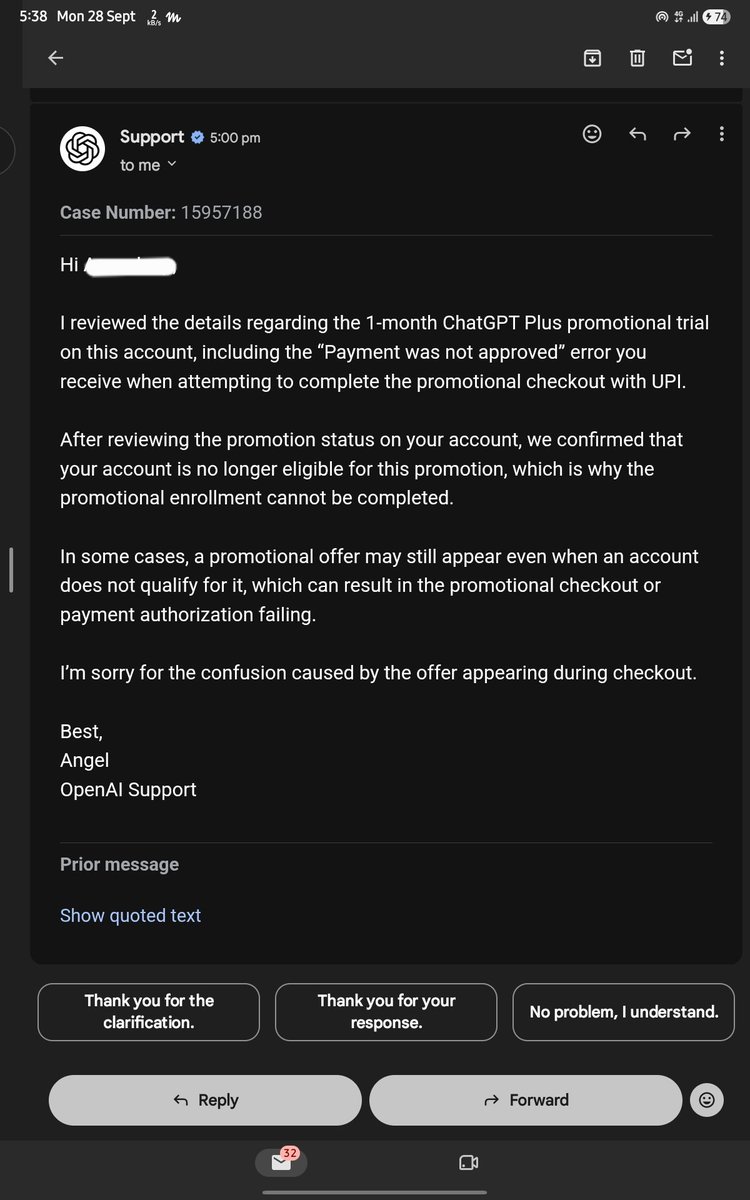 Amardeep3307's tweet photo. @Kpqs140732 @OpenAI @ChatGPT @OpenAIDevs @thsottiaux @UPI_NPCI They replied to email. https://t.co/32ox7srjo3
