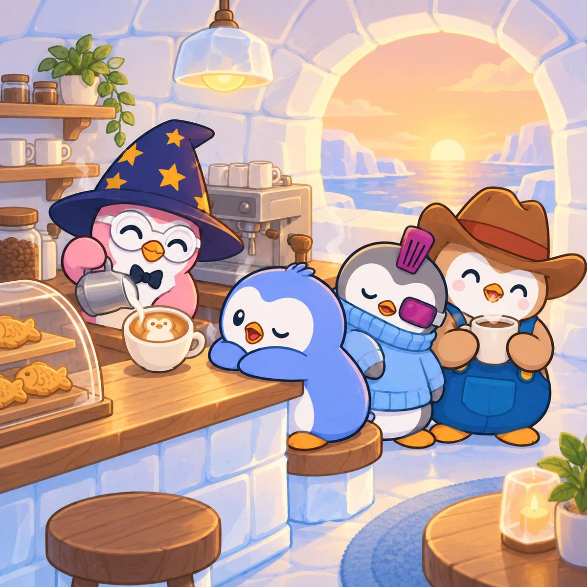 wodlworld's tweet photo. gm ☕ What are you ordering at the igloo café? Wizzy draws a penguin on every cup. $WODL https://t.co/jqBjs5L4GF