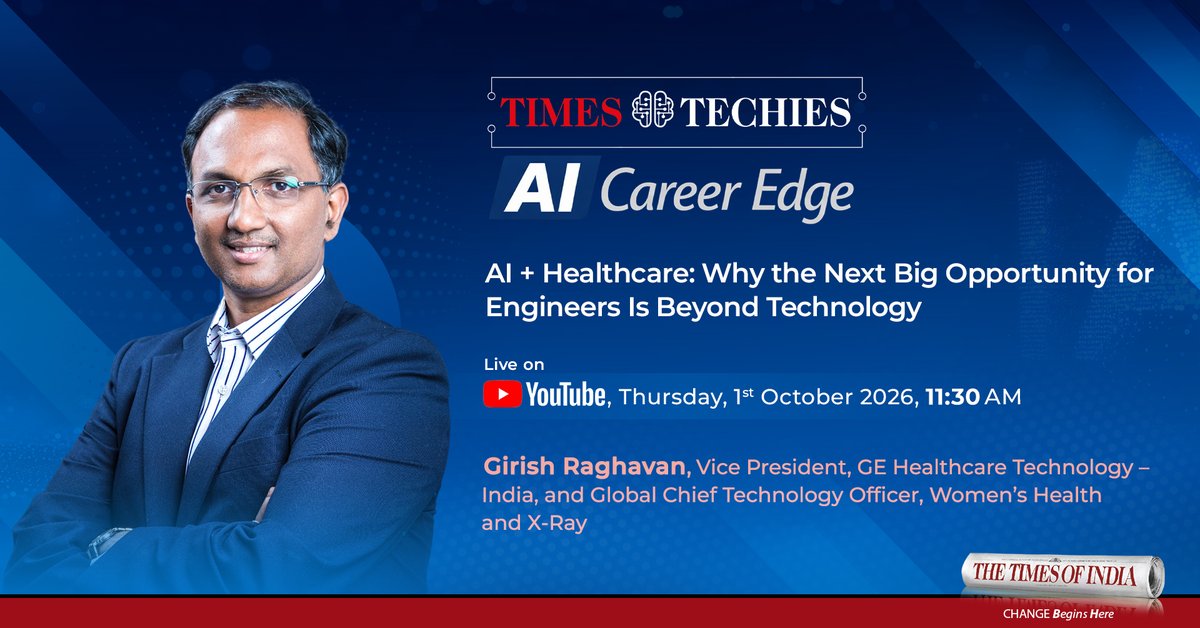 timestechies's tweet photo. AI + Healthcare: Why the Next Big Opportunity for Engineers Is Beyond Technology | LIVE | Thu, 11:30 AM
Girish Raghavan, VP, GE Healthcare Technology – India, joins us to explore AI, healthcare and the future for engineers.

Live: https://t.co/1r55d4lDYG

#TimesTechies https://t.co/smumbsVeg5