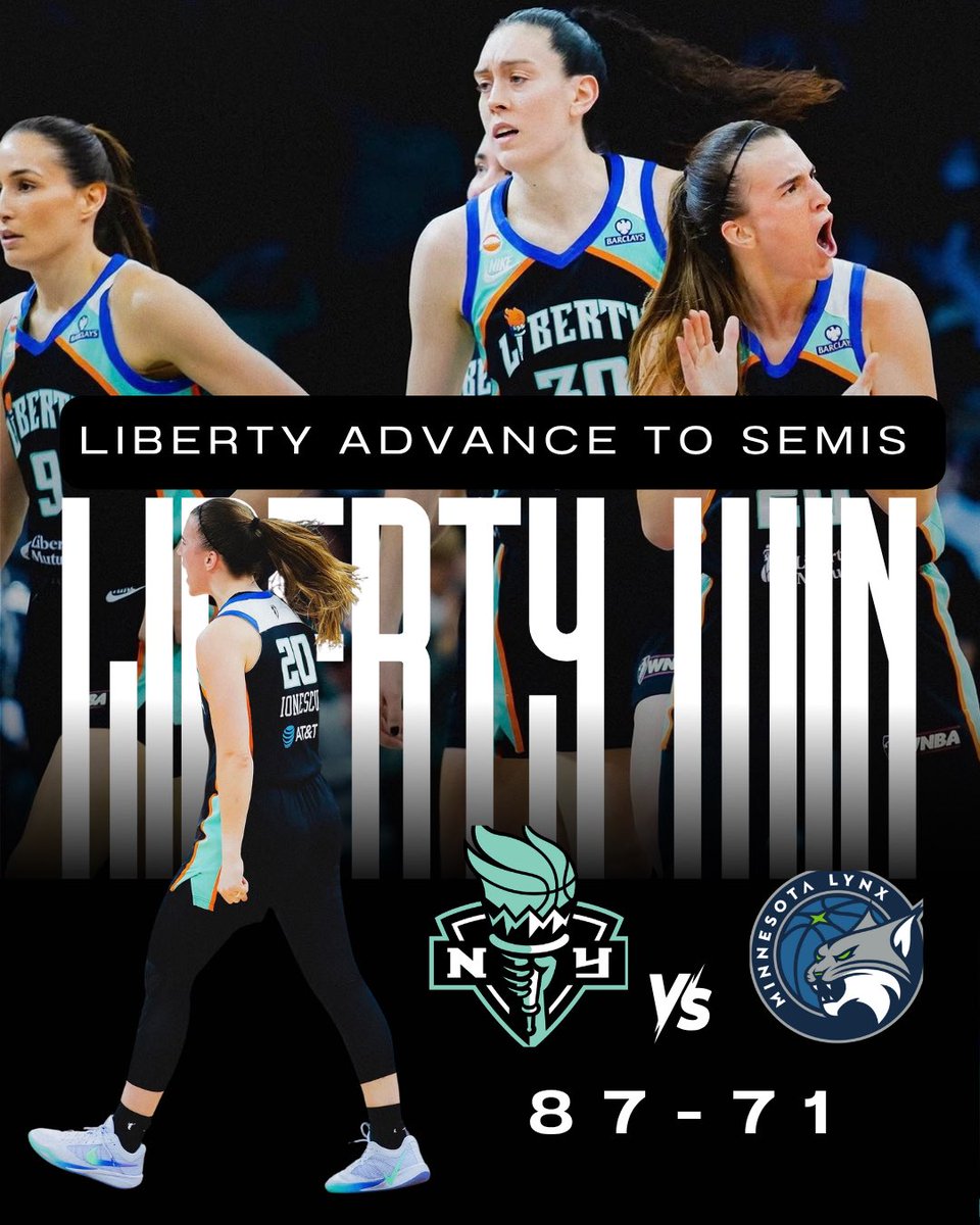NYLibertyFanTV's tweet photo. Liberty Advance!๐ฝNY makes history as the first #8 seed to knock off a #1 seed ๐งน
NYL 87 - MIN 71
Jonquel Jones 21pts 13 Rebs 4 ast 1blk
Breanna Stewart 21pts 5 Rebs 4 ast 2blk 2stls
Sabrina Ionescu 18pts 4 Rebs 7 ast 3stls
#wnba #nyliberty #nylftv https://t.co/DRhrPcd6tz
