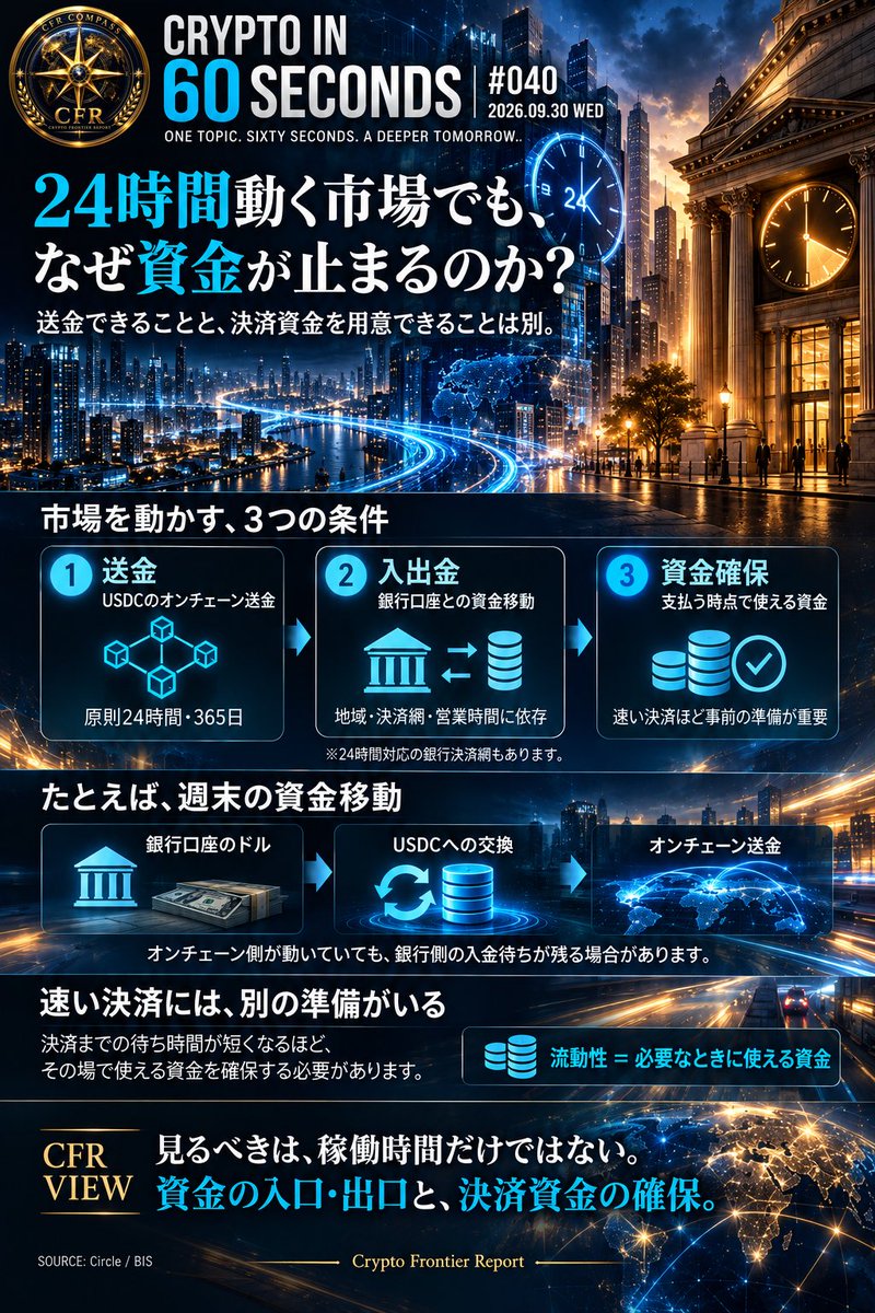 CFRj64's tweet photo. CRYPTO IN 60 SECONDS #040
2026年9月30日（水）

24時間動く市場でも、なぜ資金が止まるのか？

「24時間送金できる」と「いつでも支払える」。似ていますが、別の話です。

USDCは原則、24時間オンチェーンで送れます。しかし、銀行口座のドルをUSDCに交換する入口や、USDCを銀行口座のドルに戻す出口は、地域の決済網や営業時間に左右されます。24時間対応の銀行決済網もあり、条件は一律ではありません。

たとえば週末。すでにUSDCを持つ企業は送れても、銀行からの入金を待っている企業は、送る資金を用意できない場合があります。送金の仕組みが動いていても、お金の入口が同じ速さで動くとは限らないのです。

さらに、決済を速めるだけでは解決しない問題があります。

仮に、ある企業が1時間後に100万円を受け取る予定でも、今100万円を払うには、手元の資金や借り入れが必要です。「受け取る予定のお金」は、「今使えるお金」ではありません。

取引ごとに即時決済する仕組みは、支払い完了までの待ち時間を減らせます。一方で、その瞬間に使える資金を確保する必要があります。速さの利点を生かすには、資金の準備も整えなければなりません。

ここでいう流動性とは、「必要なときに使える資金」です。

CFR VIEW：
24時間市場のニュースでは、
①何が24時間動くのか
②銀行との入出金も対応するのか
③決済資金をどう確保するのか
この3点を確認したい。

市場の便利さを決めるのは、送金の速さと、お金を使える条件の両方です。

出典：Circle／BIS
※100万円の例は、仕組みを説明する仮定です。

#CFR #CryptoIn60Seconds #USDC