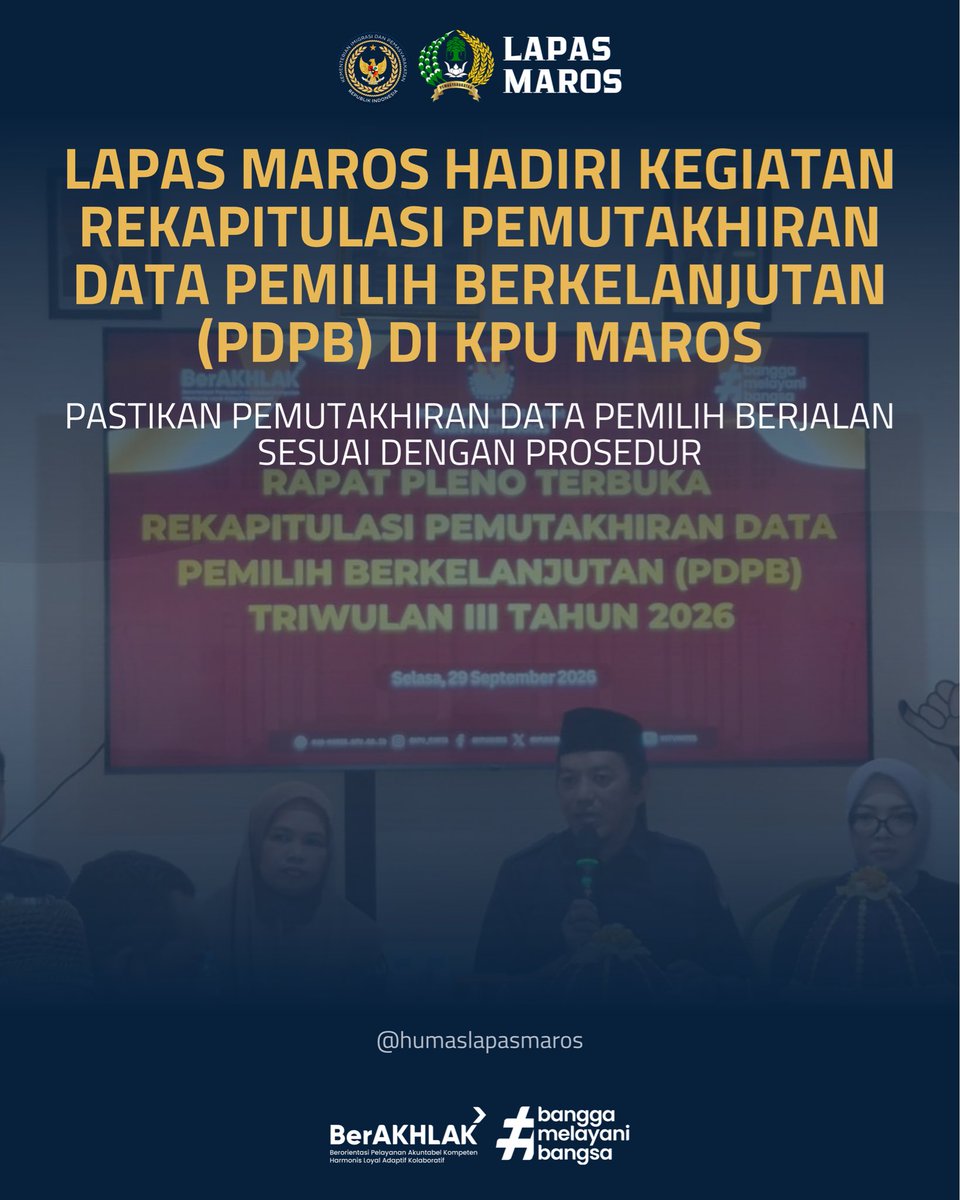 HumasLapasMaros's tweet photo. JAMIN HAK PILIH WARGA BINAAN, LAPAS MAROS HADIRI REKAPITULASI PDPB DI KPU MAROS

Lapas Kelas IIB Maros menghadiri kegiatan Rapat Pleno Terbuka Rekapitulasi Pemutakhiran Data Pemilih Berkelanjutan (PDPB) Triwulan III Tahun 2026 yang diselenggarakan oleh KPU Kabupaten Maros. https://t.co/ydd8pSG7hF
