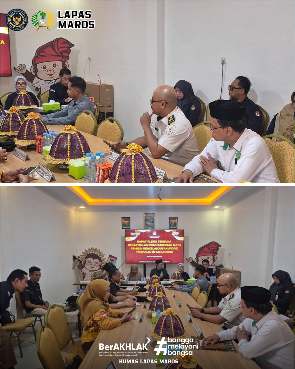 HumasLapasMaros's tweet photo. JAMIN HAK PILIH WARGA BINAAN, LAPAS MAROS HADIRI REKAPITULASI PDPB DI KPU MAROS

Lapas Kelas IIB Maros menghadiri kegiatan Rapat Pleno Terbuka Rekapitulasi Pemutakhiran Data Pemilih Berkelanjutan (PDPB) Triwulan III Tahun 2026 yang diselenggarakan oleh KPU Kabupaten Maros. https://t.co/ydd8pSG7hF