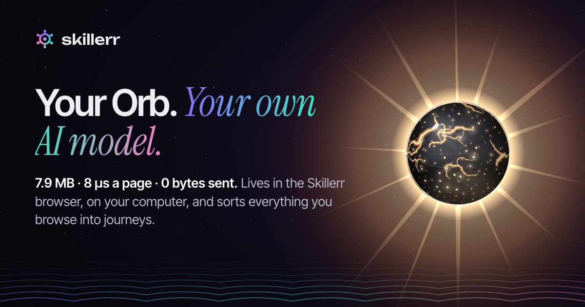 csinye's tweet photo. Your AI’s internet browsing shouldn’t just disappear when the chat ends.

I built the Orb: a 7.9 MB model inside Skillerr that groups tabs into journeys, finds pages by meaning, and learns locally from how I browse.

8 µs per page title. No GPU. 0 bytes sent. https://t.co/7ivGtTDLyD