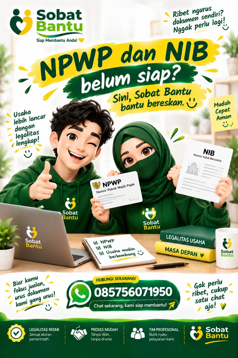 SobatBantu's tweet photo. Butuh NPWP &amp; NIB? Jangan ribet urus sendiri 😎
💚 Jasa Pembuatan NPWP &amp; NIB — Sobat Bantu siap bantu sampai beres!

📲 085756071950
Chat sekarang, kami bantu prosesnya! https://t.co/M3VxPVGiBj