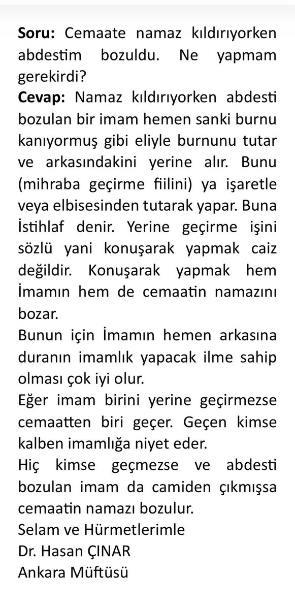 DrHasanCinar's tweet photo. Soru: Cemaate namaz kıldırıyorken abdestim bozuldu. Ne yapmam gerekirdi? https://t.co/ktDJgSVaR9