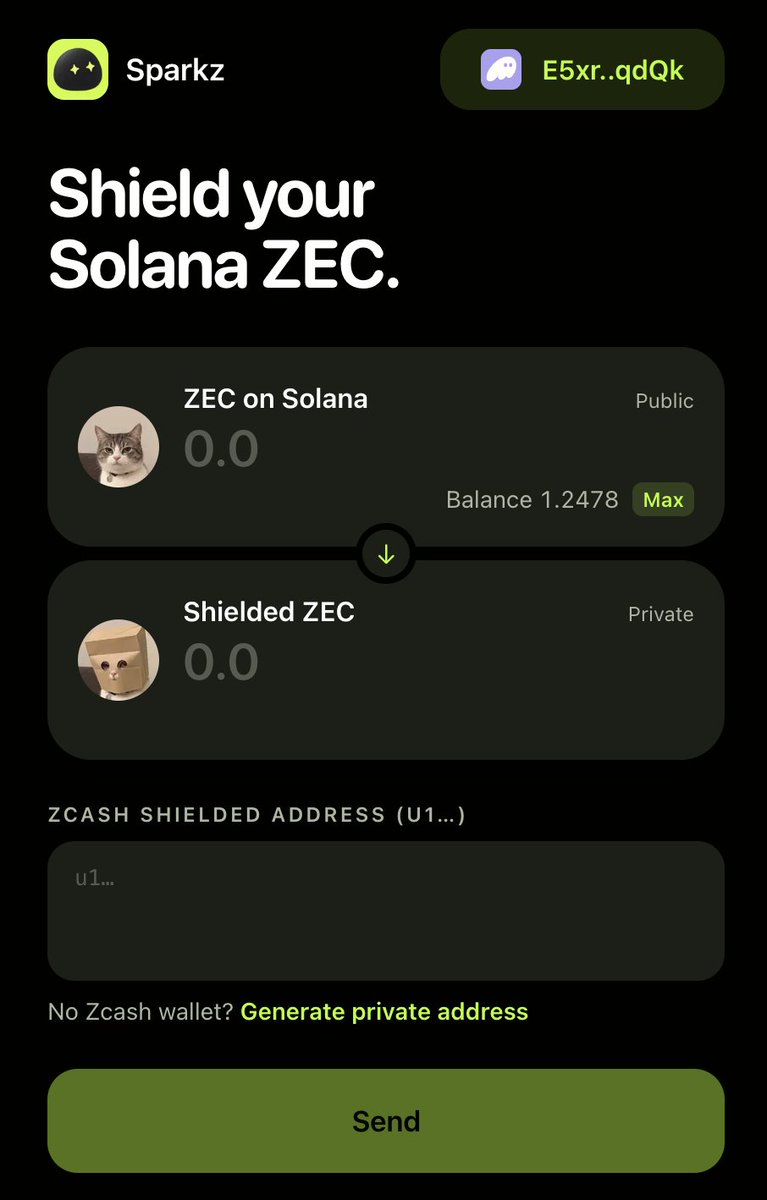 chooserich's tweet photo. The founder of Zcash was impressed by solana:HcRLc9VDgjLeK154xDawfb1dmVJ98DoSqcwTHGqiDeJR but linked to an awful guide on shielding...

So I built a site that makes the entire process two clicks.

Powered by Near. Almost instant. Your Solana Zcash is now shielded...

The link is below ⬇️