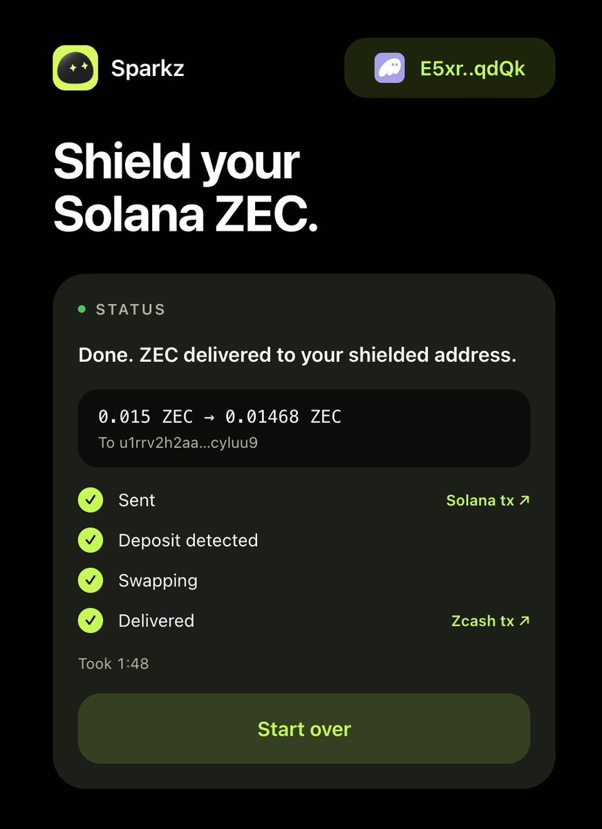 chooserich's tweet photo. The founder of Zcash was impressed by solana:HcRLc9VDgjLeK154xDawfb1dmVJ98DoSqcwTHGqiDeJR but linked to an awful guide on shielding...

So I built a site that makes the entire process two clicks.

Powered by Near. Almost instant. Your Solana Zcash is now shielded...

The link is below ⬇️