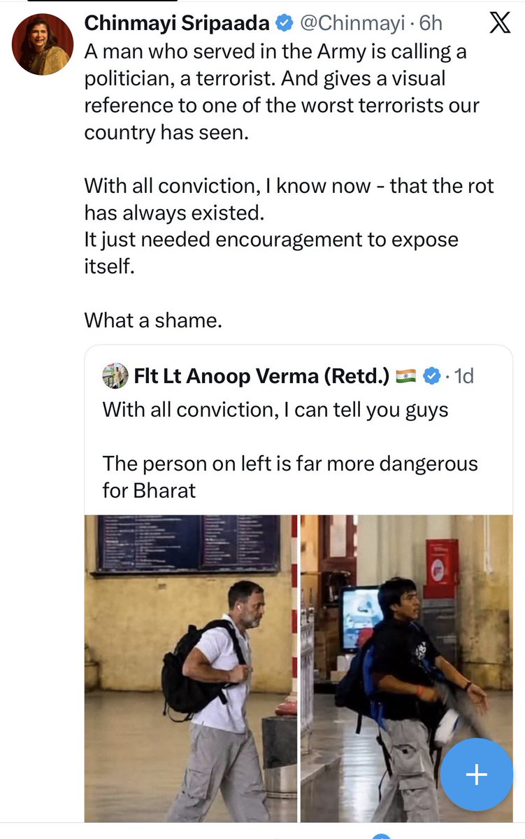SuryahSG's tweet photo. 24×7 lectures on “Freedom of Speech & Expression” until someone says something Her Highness dislikes. Then suddenly, freedom comes with terms & conditions. 🤣

A retired Army veteran who served the nation apparently doesn’t deserve the same freedom she demands for.

And the hypocrisy gets worse.

In 2021, a young college student, Shruti, asked Chinmayi a simple question on this very platform. Instead of engaging with the question, she went after her. Shamed her. Directed her trolls to attack Shruti & derived pleasure like a true sadist & narcissist. 

On being told that her psychopathic behaviour & harassment severely affected Shruti and drove her away from social media, Chinamyi continued her personal attacks on Shruti and encouraged her online ecosystem to pile on further. Who does that other than retarded souls?

All over a QUESTION.

And today, the same person wants to sermonise everyone about “conviction”, “shame” and free speech?

Please. Spare us the lecture.

Before preaching about free speech, perhaps learn to tolerate someone else exercising it against you.

The hypocrisy is breathtaking. 🤣