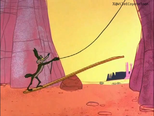 An illustration of Wile E. Coyote using a long pole to try and cross a chasm, from creator @WiYeECoyoteToon.