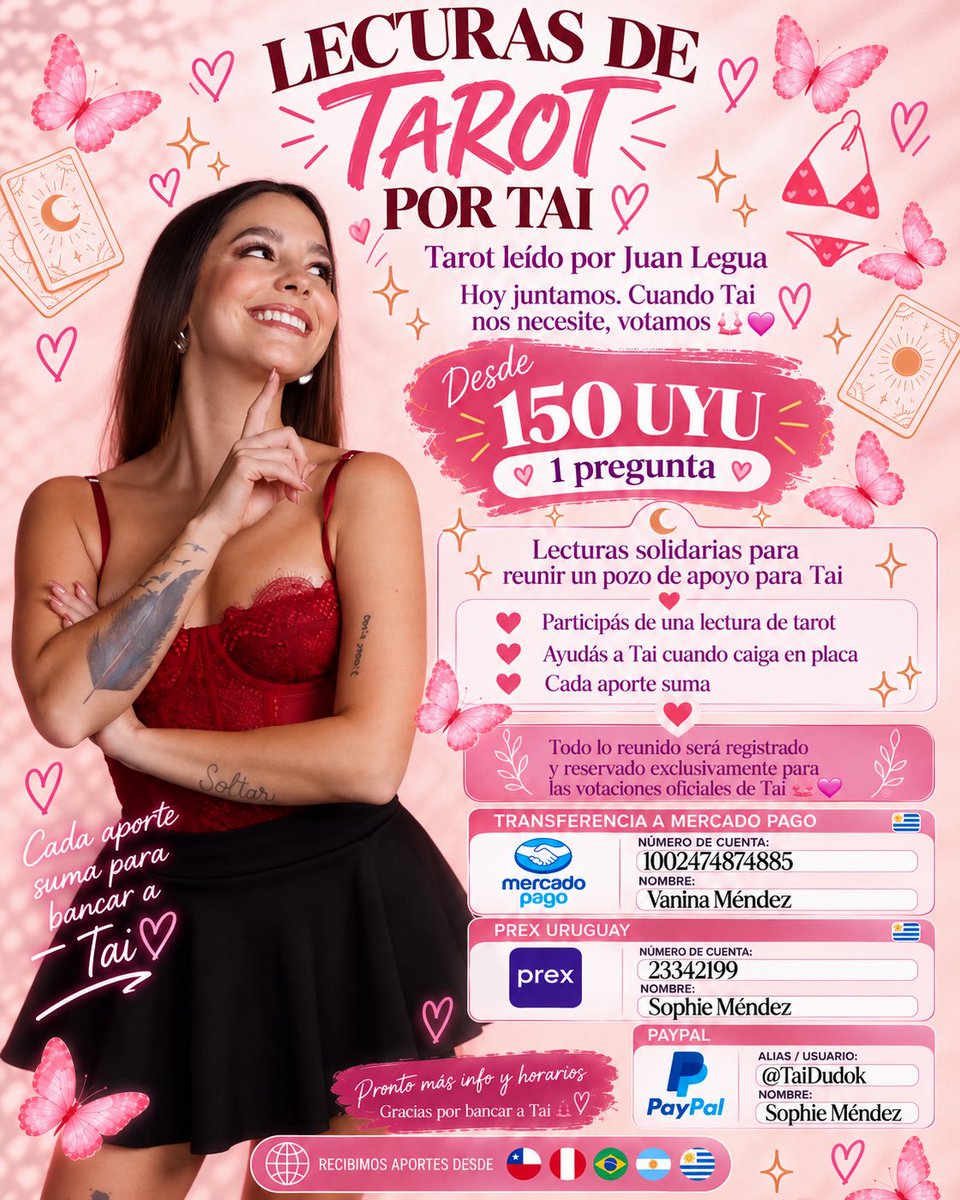 DudokTai's tweet photo. 🔮👙🩷 Tarot por Tai
Vie 22 h | Sáb 8–12 h 🇺🇾
1 preg. $150 UYU | 3 por $300
Todo lo reunido queda para futuras votaciones de Tai.
⚠️ Aportes SOLO a cuentas publicadas en sus perfiles oficiales 
#GranHermanoUy #GHUY #GranHermano https://t.co/coKHEqaNF4