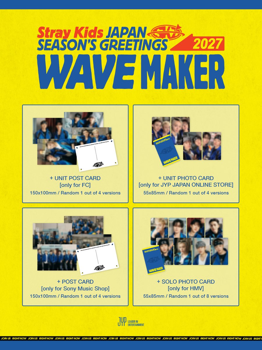 Stray_Kids_JP's tweet photo. Stray Kids JAPAN SEASON’S GREETINGS 2027
“WAVE MAKER”

各種特典を一部公開👀
この機会をお見逃しなく📌

▼JYP JAPAN ONLINE STORE
https://t.co/worenzeeLq

▼Sony Music Shop
https://t.co/BGLQUFWok2

▼HMV＆BOOKS online
https://t.co/jZQHP6uzQT

#StrayKids
#スキズ
#JAPAN_SEASONS_GREETINGS_2027
#WAVEMAKER