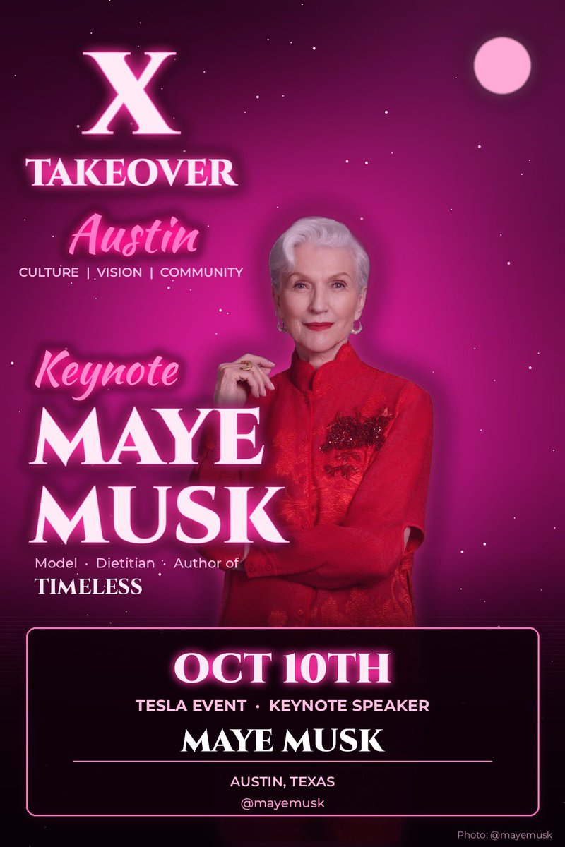 teslaownersSV's tweet photo. Maye Musk takes the stage in Austin 👑

October 10: @mayemusk keynotes the X Takeover @Tesla event 🇺🇸 https://t.co/rXSjy25yFB