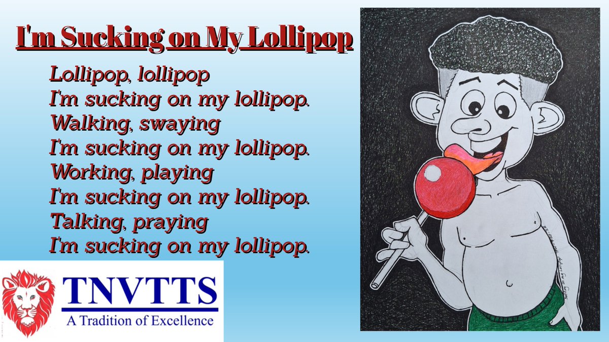 tnvtts's tweet photo. I'm Sucking on My Lollipop, #Characters 1

By Togbah Push Wleh

Lollipop, lollipop
I'm sucking on my lollipop.

Lollipop, lollipop
I'm sucking on my lollipop.

Walking, swaying
I'm sucking on my lollipop.

Working, playing
I'm sucking on my lollipop. https://t.co/nzdt7wNAJb
