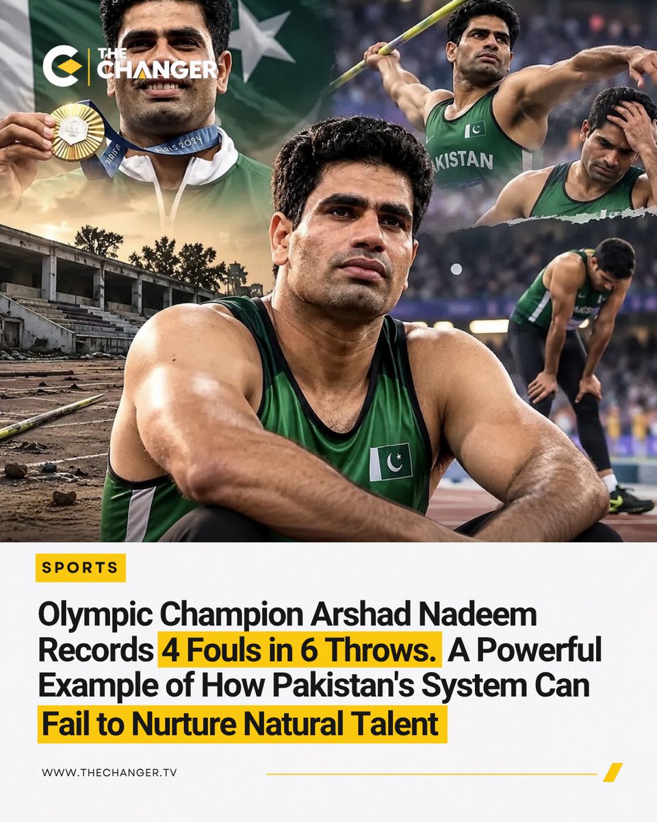 thechanger_tv's tweet photo. Pakistan’s Olympic champion Arshad Nadeem recorded four fouls in six attempts, highlighting the challenges faced by elite athletes when talent is not matched by consistent institutional support and preparation.
.
For further details, visit The Changer’s website. Link in bio. https://t.co/aQGPwKTyPO
