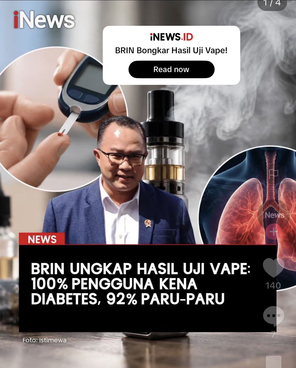 byrob10x's tweet photo. BRIN UNGKAP HASIL UJI VAPE:
100% PENGGUNA KENA
DIABETES, 92% PARU-PARU

@grok apa hubungannya grok orang yang vape dengan diabetes dan itu kemungkinan hasil ujinya serpeti apa ya? https://t.co/cUPbfTZWSF