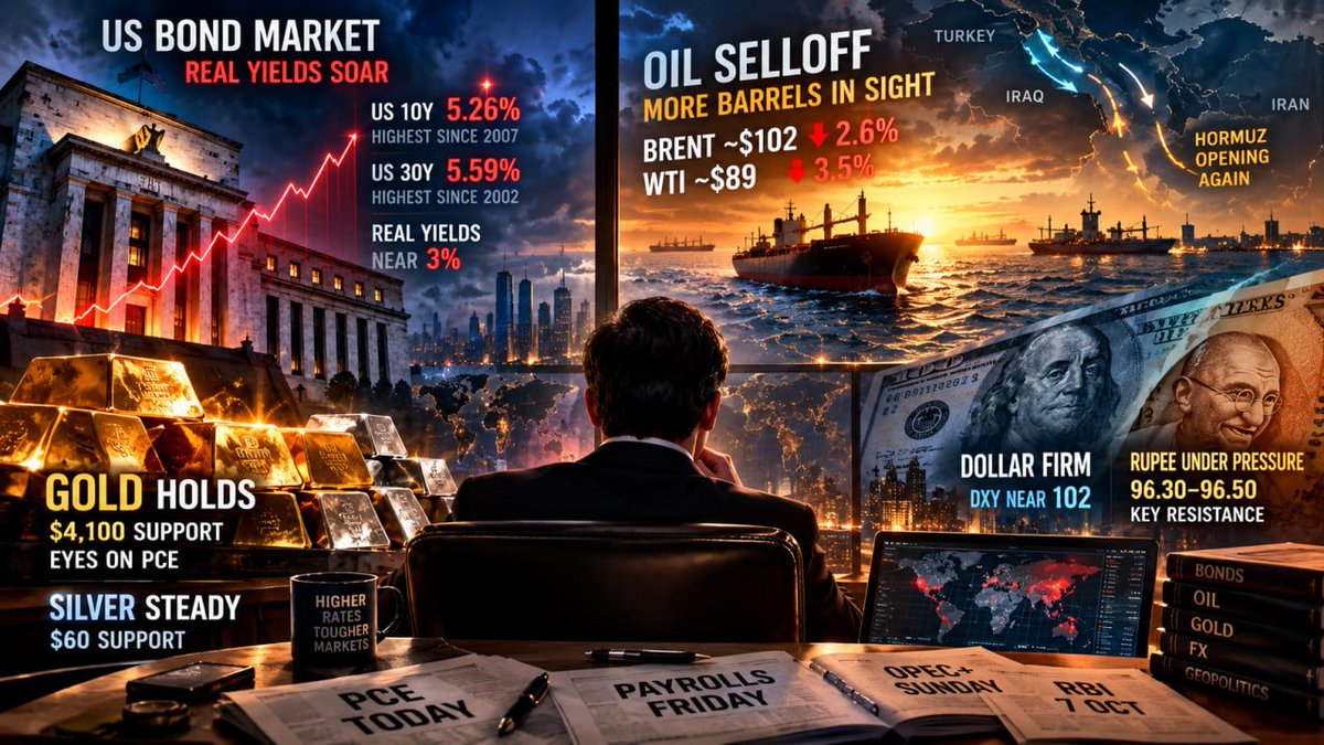 AnindyaB2026's tweet photo. 🚨🔥 GLOBAL MARKETS: THE BOND MARKET IS NOW THE MAIN EVENT

The centre of gravity has shifted.

This week is no longer just about oil, Gold or the Fed.

It is about one uncomfortable signal from the US bond market:

📉 US data is weakening…
BUT
📈 LONG-TERM YIELDS KEEP RISING.

That is unusual.

🇺🇸 JOLTS: 7.08m vs 7.23m expected
🇺🇸 Consumer Confidence: 81.9 — lowest since 2014
🏦 October Fed hike odds: down to ~50% from 70%+

Yet:

📉 US 2Y: 4.89%
📈 US 10Y: 5.26% — highest since 2007
📈 US 30Y: 5.59% — highest since 2002

🔥 THIS IS THE REAL STORY.

Inflation expectations are barely moving.

But real yields are exploding.

🇺🇸 10Y real yield: ~2.90%
🇺🇸 5Y real yield: ~2.73%

Both around the highest since 2008.

So the market is not simply pricing “more inflation”.

It is demanding a much higher REAL return to hold long-dated US debt.

That means:

💳 Higher term premium
🏦 Higher cost of capital
📉 Greater pressure on risk assets
🌍 Tighter global financial conditions

And this is no longer just an American story.

🇯🇵 Japan 10Y: ~3.09% — near 30-year highs
🇪🇸 Spain inflation: 5.0% — energy shock feeding back into prices

━━━━━━━━━━━━━━

🛢️ CRUDE: MORE BARRELS ARE FINALLY SHOWING UP

Brent November settled near $102.59.
WTI near $89.38.

West Asian export flows have recovered sharply:

📉 March low: ~6–7 mbpd
📈 Latest 7-day pace: low-20s mbpd

Why?

🇸🇦 East–West pipeline partially restored
⚓ Yanbu loadings restarted
🚢 Hormuz flows improved
🇺🇸 US offering up to 40m barrels from SPR

So oil is being supplied from TWO directions:

PHYSICAL FLOWS ↑
+
EMERGENCY BARRELS ↑

That is why the risk premium is deflating so quickly.

But be careful.

⚠️ Iranian exports remain largely absent
⚠️ Latest flow spike is provisional
⚠️ Product tightness remains severe
⚠️ November contract expiry creates a mechanical price reset

December Brent near $96.50 is NOT a fresh collapse.

It is backwardation being realised.

🎯 December Brent:
🟢 Support: $90–92
🔴 Resistance: $101–102

Above $90–92, the broader structure remains constructive.

━━━━━━━━━━━━━━

⛽ THE BIGGER PROBLEM IS STILL DIESEL

Crude tightness is easing.

PRODUCT tightness is not.

US distillate stocks remain roughly 12% below the 5-year average.

Bypass pipelines can move crude.

They cannot manufacture diesel.

That is why crude traders should now watch FOUR things:

1️⃣ Gulf export flows
2️⃣ Diesel inventories
3️⃣ Iranian barrels
4️⃣ Actual SPR take-up

If Gulf flows hold through October:

📉 Crude shortage effectively neutralised

If flows fall back into the teens:

🔥 Risk premium returns very quickly

━━━━━━━━━━━━━━

🥇 GOLD: $4,100 DID ITS JOB

Gold defended the key $4,100 zone and bounced towards $4,180.

🟢 Support: $4,100
🔴 Resistance: $4,250

But real yields near 3% remain the big cap.

Tonight’s PCE data becomes crucial.

Softer inflation = breathing room for Gold.

Hotter inflation = real yields stay dominant.

━━━━━━━━━━━━━━

🥈 SILVER: $60 REMAINS THE FLOOR

Silver held the major $60 support and recovered towards $61.

🟢 Support: $60
🔴 Resistance: $62–62.50

Still choppy.

Still highly sensitive to real yields and base metals.

━━━━━━━━━━━━━━

💵 DOLLAR + 🇮🇳 USDINR

DXY is approaching an important resistance zone:

🚧 101.6–102

USDINR remains below the key 96.30–96.50 zone.

🟢 Support: 95.50
🔴 Resistance: 96.30–96.50

RBI remains active.

But:

📈 High US yields
📉 Portfolio outflows
🛢️ Oil sensitivity

continue to keep pressure on the Rupee.

━━━━━━━━━━━━━━

🔥 THE MARKET MAP

Tonight:
📊 US PCE
📈 Final Q2 GDP
🛢️ US inventories

Friday:
👷 Payrolls

Sunday:
🛢️ OPEC+

7 October:
🇮🇳 RBI

But the ONE variable connecting everything remains:

⚓ CAN THE RECOVERY IN GULF EXPORT FLOWS HOLD?

If YES:
🛢️ Oil ↓
📉 Inflation pressure ↓
🏦 Fed pressure ↓
🥇 Metals breathe
🇮🇳 INR stabilises

If NO:
🔥 Energy risk premium rebuilds very fast.

And above all:

📈 Weak data + rising long-term yields is the signal everyone should be watching.

That is where the real macro stress is hiding.

#US10Y #US30Y #TreasuryYields #BondMarket #RealYields #FederalReserve #Fed #FOMC #PCE #Payrolls #Inflation #Gold #GoldPrice #XAUUSD #Silver #SilverPrice #PreciousMetals #Bullion #CrudeOil #Brent #WTI #OilPrices #EnergyMarkets #Diesel #Refining #Hormuz #StraitOfHormuz #SaudiArabia #Iran #SPR #OPEC #OPECPlus #USDINR #Rupee #DXY #Dollar #RBI #InterestRates #GlobalMacro #Macro #Commodities #CommodityTrading #FinancialMarkets #GlobalMarkets #Trading #Investing #MarketOutlook