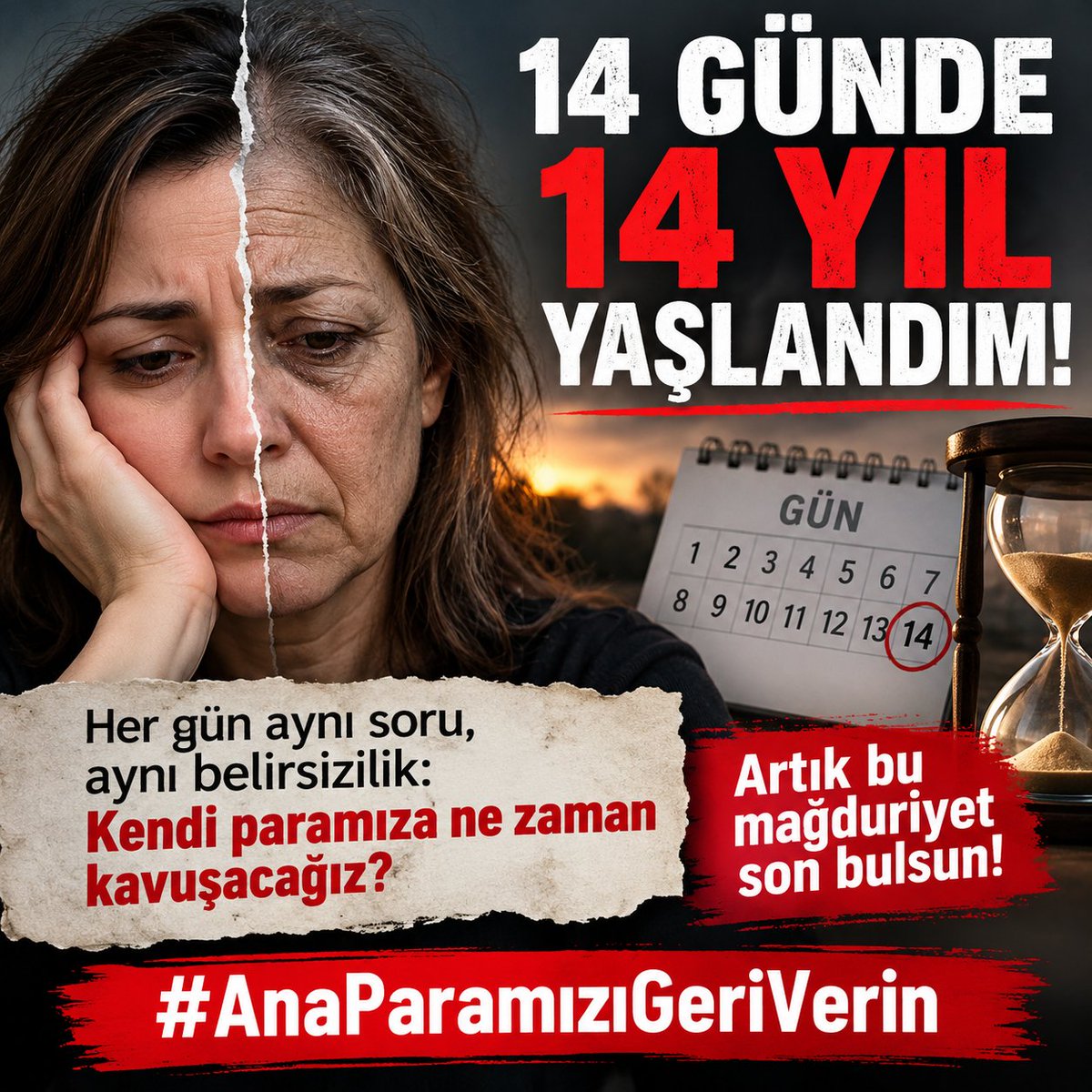 FonAdalet's tweet photo. 💔 14 GÜNDE 14 YIL YAŞLANDIM!

Her gün aynı soru, aynı belirsizlik:
Kendi paramıza ne zaman kavuşacağız?

📢 Artık bu mağduriyet son bulsun!

#AnaParamızıGeriVerin https://t.co/1K0uHaFRPc