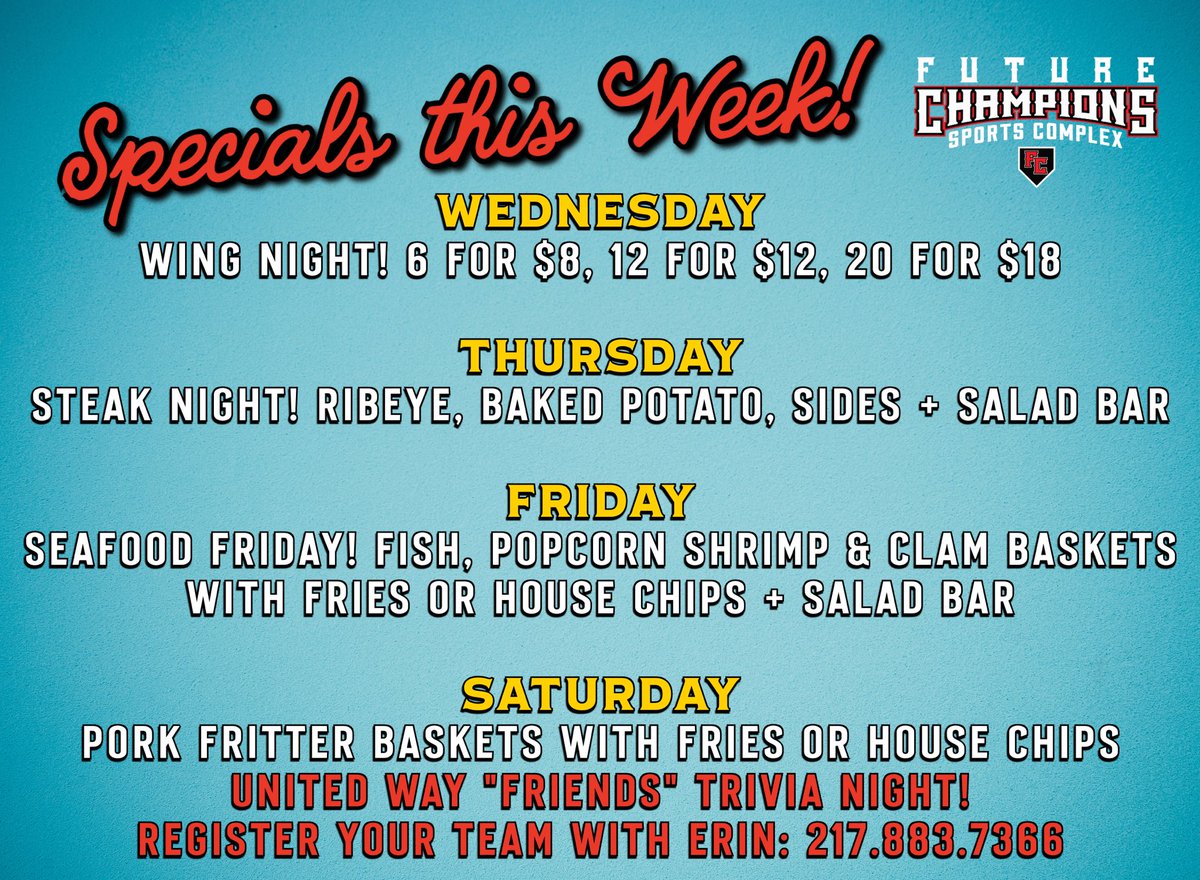 FutureChampsIL's tweet photo. 🍗 Wednesday Wings
🥩 Thursday Steak
🐟 Friday Fish 
🍔 Regular menu favorites all week
🙌 Saturday Night “Friends” Trivia benefitting Prairieland United Way! 

#FutureChampions #JacksonvilleIL #WeeklySpecials #trivianight #friendsunited https://t.co/CzOhlgDIEU