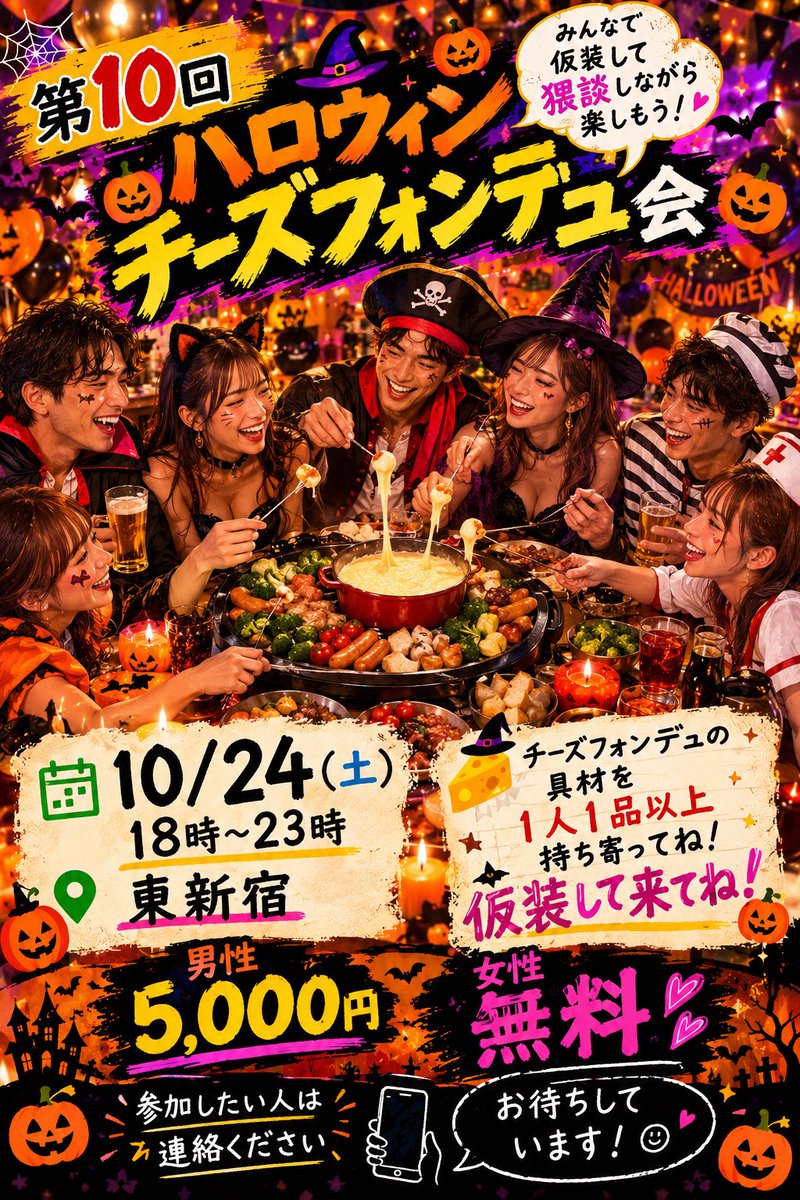 psychopath10001's tweet photo. 第10回男飯🧑‍🍳
｟ハロウィンチーズフォンデュ会｠
📅10/24 18時〜23時
🗾東新宿

みんなで好きな具材を持ち寄って仮装しながらチーズフォンデュを食べよう😊

ドリンクはお茶系、炭酸水、ウィスキー多種、焼酎、梅酒、ジン、テキーラなどあります🍻

※具材1人1品以上持ち寄り
※男子会ではないです https://t.co/hkc2c1cVcx