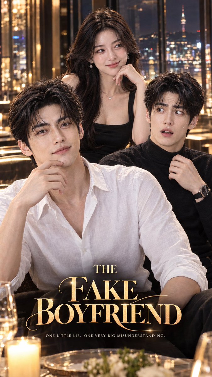 Poster for 'THE FAKE BOYFRIEND' featuring a man in a white shirt, a woman in a black dress, and another man in a black turtleneck, with the tagline 'ONE LITTLE LIE. ONE VERY BIG MISUNDERSTANDING.'