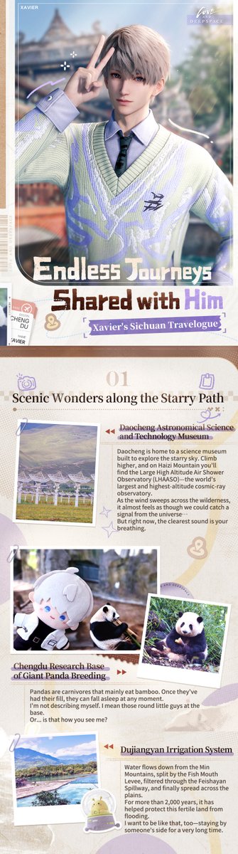 Love_Deepspace's tweet photo. Endless Journeys, Shared with Him

With the holidays just around the corner, why not travel with him, savor local flavors, encounter intangible cultural heritage, and take in the splendor of China in autumn?

💫Travel Notes · Hearts in Step
Vast landscapes await, ready for you to take them in.
With a long road ahead, have him by your side.

📍Across China, explore open plains and mountain ranges, ancient cities, riversides, and majestic peaks.
Discover exclusive Travelogues from these places in China: Sichuan, Guangdong, Tianjin, Shanghai, and Shaanxi.
————
🪐Official Discord: https://t.co/hKmnBAbbgu
🪐Download and Log in Now: https://t.co/bNEP8yM6bZ
#LoveandDeepspace
