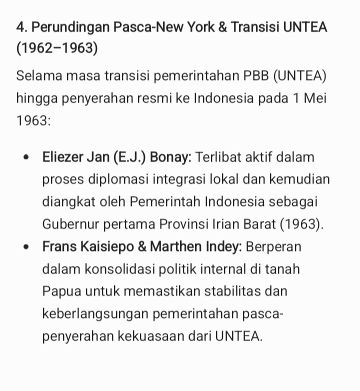 KagoyaSilas's tweet photo. Fakta sejarah yang suka diputar balik oleh kelompok pemberontak #PapuaMerdeka. 

Setiap waktu, selalu menyebut bahwa "Perjanjian New York Agreement" tidak melibatkan OAP (Orang Asli #Papua).

📌Fakta sesungguhnya:

Ada 4 hal penting yang SENGAJA DITUTUP RAPAT oleh kelompok pemberontak Papua Merdeka, termasuk pernyataan Menteri HAM Natalius Pigai beberapa hari yang lalu. 

📌1. Konferensi Meja Bundar / KMB (1949) dihadiri oleh:
• Silas Papare 
• Frans Kaisiepo
• E.J. Latumahina (Ambon)

📌2. Perundingan Perjanjian New York / New York Agreement (15 Agustus 1962):
• Silas Papare
• Marthen Indey
• Johannes Abraham Dimara (J.A. Dimara)
• Albert Karubuy
• Frits M. Kirihio
• Efraim Somisu

📌3. Peran Nieuw-Guinea Raad / Dewan Papua (1961–1962)
Pada saat Belanda melakukan manufer politik untuk menghianati hasil perjanjian KMB, Belanda membentuk Dewan Papua (Nieuw Guinea Raad) tahun 1961 dan membentuk milisi militer dan polisi dalam wadah PVC (Papuan Volunteer Corps) untuk dipersiapkan melawan militer Indonesia. 

Dewan Papua (Nieuw Guinea Raad) didominasi oleh Elit politik OAP.
Yang memilih bergabung dengan Indonesia, yaitu:
• Nicolaas Jouwe
• Elieser Jan Bonay (E.J. Bonay)

Sedangkan yang menolak:
• Nicolaas Tanggahma
• Markus Wonggor Kaisiepo

📌4. Perjanjian Roma & Masa UNTEA (1962–1963)
• E.J. Bonay
• Frans Kaisiepo 
• Marthen Indey 
• Frits Kirihio 

#Pepera #Pepera1969 #Papua #PapuaBarat #WestPapua #FreeWestPapua #FreeWestPapuaCampaign #PapuaIndonesia