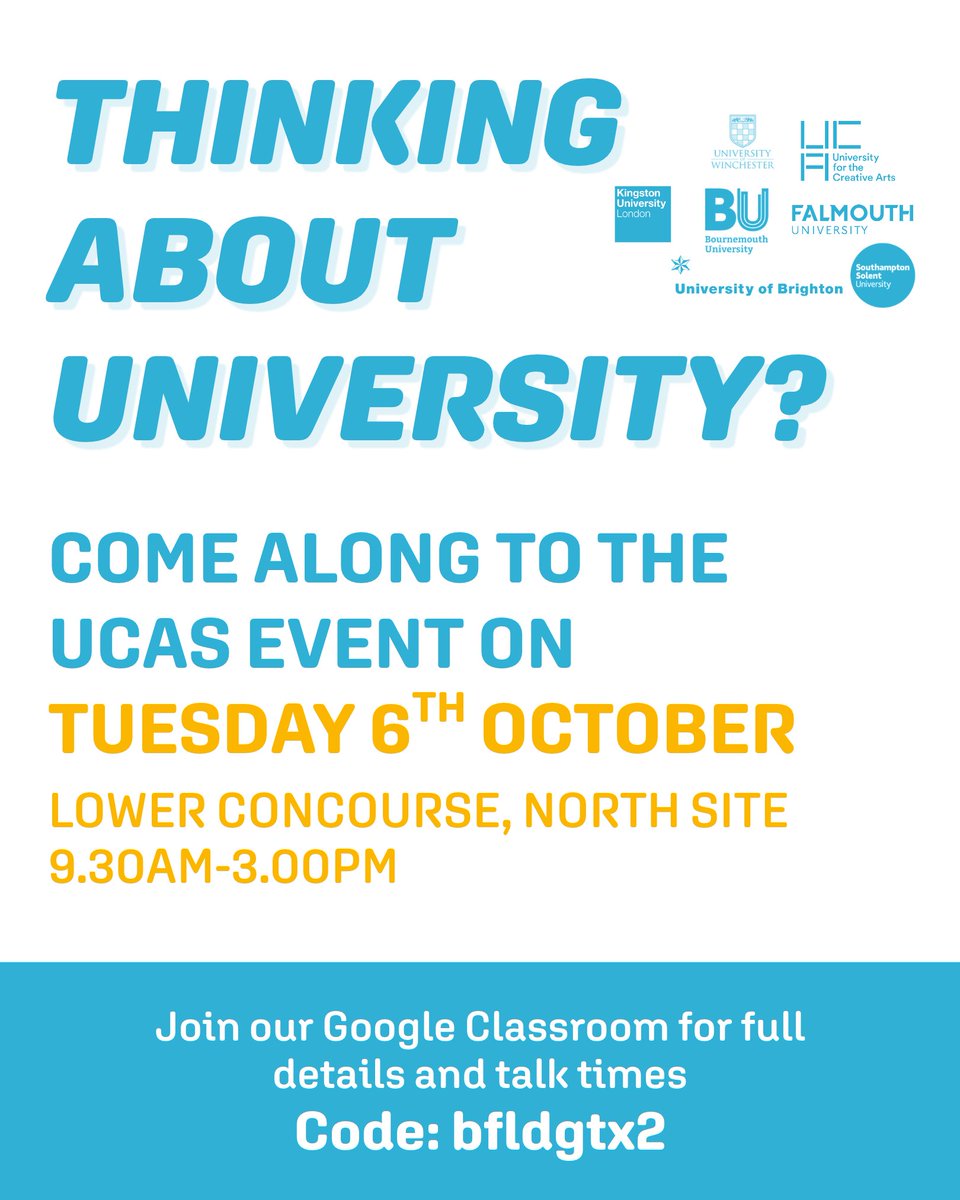 bcot's tweet photo. Next week is our UCAS event! 🎓 

On Tuesday, we will have over 20 different universities in the Lower Concourse for you to come and chat to.

#BCoT #UCAS #UCASDeadline #University https://t.co/fwhaK1RkoG