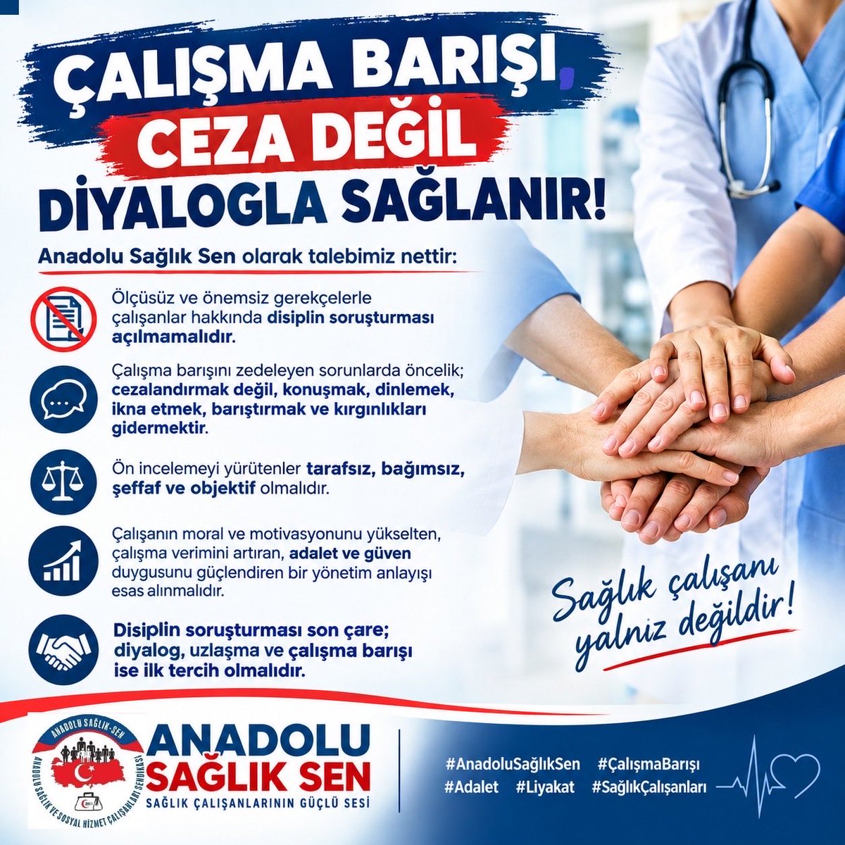 anadolusaglikgm's tweet photo. ÇALIŞMA BARIŞI CEZA İLE DEĞİL, DİYALOGLA SAĞLANIR!
🔹Sağlık çalışanları robot değil, insandır! Ağır vardiyalar, kesintisiz ve yoğun iş yükü, teknolojik ve çevresel stres faktörleri hem zihinsel hem de fiziksel tükenmişliği beraberinde getirmektedir.
🔹Bu ağır şartlar altında, insan faktörüne bağlı olarak gelişen münferit ve istisnai olumsuzluklar, çalışma barışını zedelemek için bir bahane olamaz.
🔹Çalışanlar arasındaki iletişimi koparan asıl neden bu ağır yük iken; idarecilerin düzeni sağlamak adına hemen "disiplin sopasına" sarılması, hem idari hem de psikolojik bir yönetim hatasıdır. Gözdağı vererek disiplin sağlanamaz; aksine kurum içi güven duygusu yok edilir.
🔹Sağlık kurumlarımızda çalışma barışını korumanın tek yolu; yöneticilerin empati yapması, hoşgörüyü esas alması, adalet ve güven duygusunu güçlendiren bir yönetim anlayışını benimsemesidir.
🔹ANADOLU SAĞLIK SEN olarak sesleniyoruz: Çalışma barışının tesisi için tavrımız nettir. Disiplin soruşturmaları cezalandırma aracı ve ilk çare değil, en son çare olmalıdır! 
🔹Yönetimde ilk tercih; her zaman diyalog, uzlaşma ve çalışma barışı olmalıdır.
#anadolusağlıksen #sağlık #sağlıkçı #sağlıkçalışanı #mobbing #iletişim #disiplin #soruşturma #diyalog