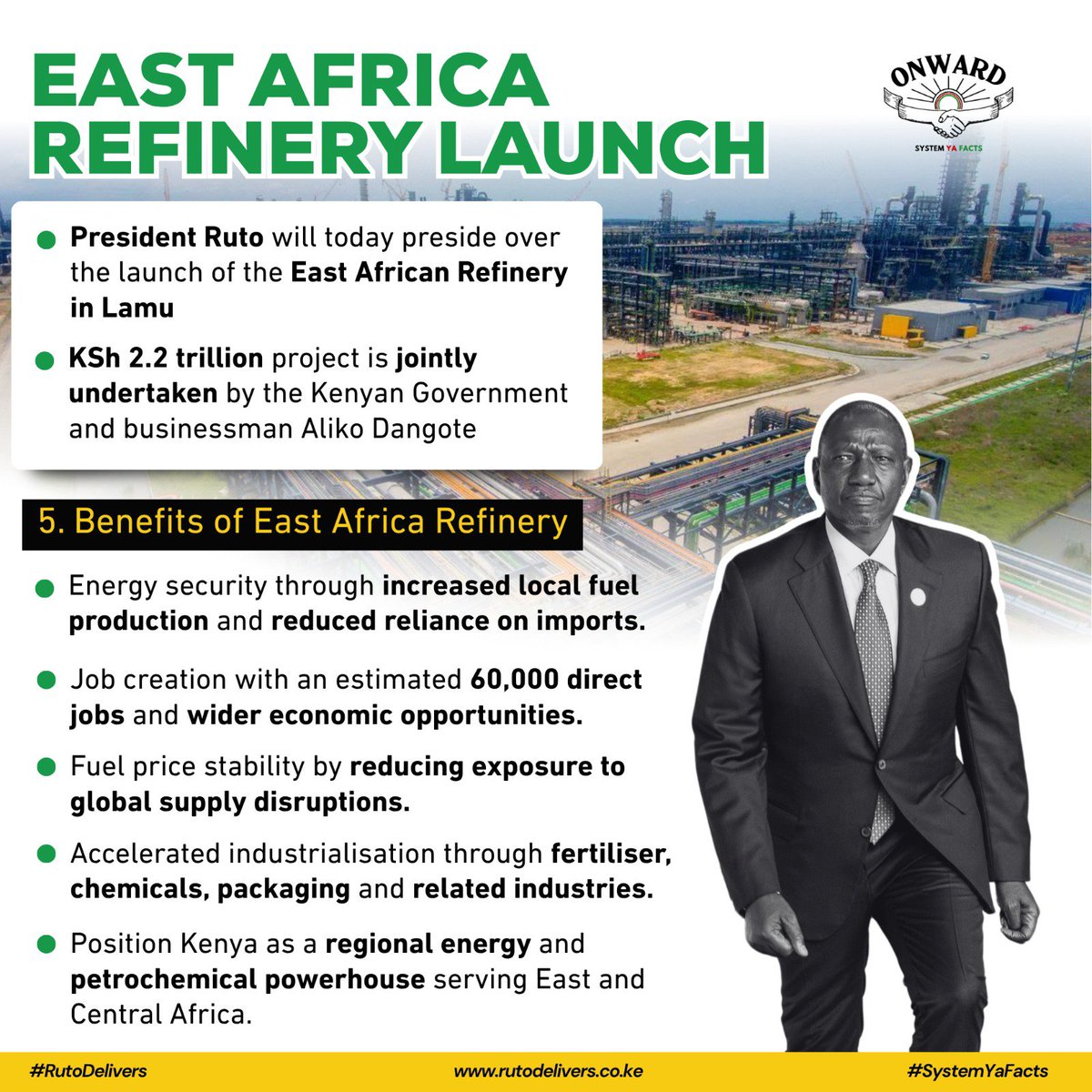 tiara_Gina254's tweet photo. President Rutoβs strategic launch of the KSh 2.2 trillion East Africa Refinery marks a game-changing step for Kenya's economy and energy security. #EARefineryLaunch
#AcceleratingIndustrialisation https://t.co/7stzJh1ffB