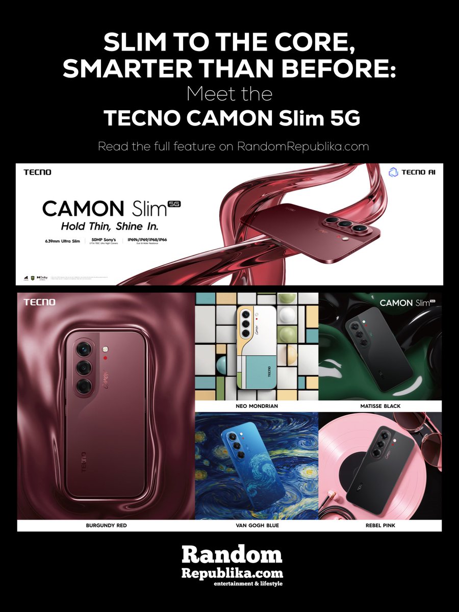 RandomRepublika's tweet photo. Slim, smart, and made to stand out. Meet the TECNO CAMON Slim 5G. This new baby is bringing in AI-powered features, a sleek 6.39mm design, and camera-ready style into one ultra-thin device.

From Burgundy Red to Neo Mondrian, Van Gogh Blue, and more, there’s a CAMON Slim for every kind of personality.

Read the full feature on https://t.co/24UkxtgKMG.

#TecnoCamonSlim5G