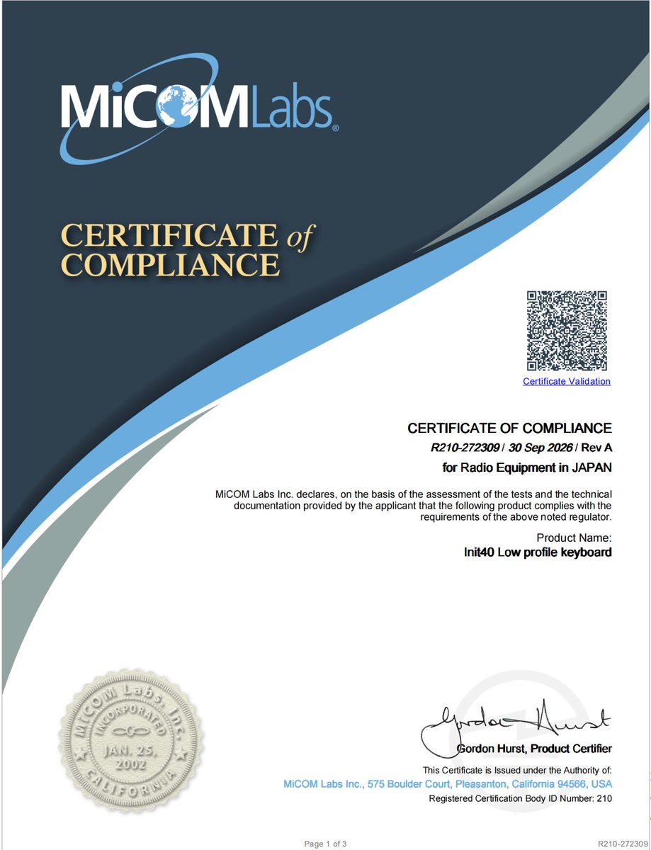 chosfox43661's tweet photo. Init40 just hit another milestone.
We’re happy to share that Init40 has officially completed Japan’s radio equipment compliance certification.
One more step toward making Init40 available to more users around the world. 🦊
#Chosfox #Init40 #MechanicalKeyboard #CustomKeyboard #Keyboard