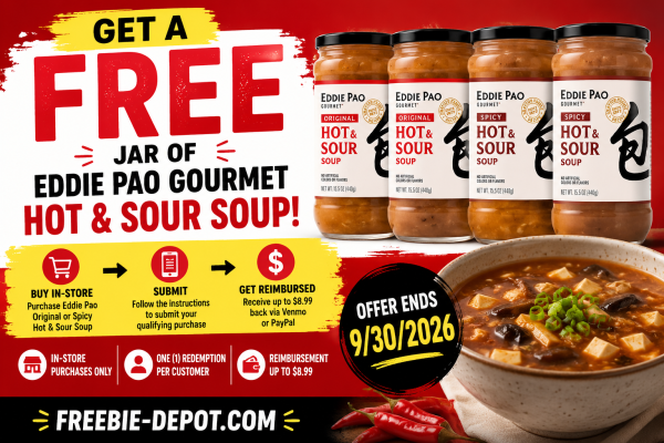 FreebieDepot's tweet photo. Get a FREE Jar of Eddie Pao Gourmet Hot & Sour Soup https://t.co/69aCsGaEF8 #EddiePao #HotAndSourSoup #FreeSoup #GourmetSoup #FreeAfterRebate #FoodFreebies #FreeFood #FreebieAlert #FreebieDepot #Freebies https://t.co/BAY0IO5F9G