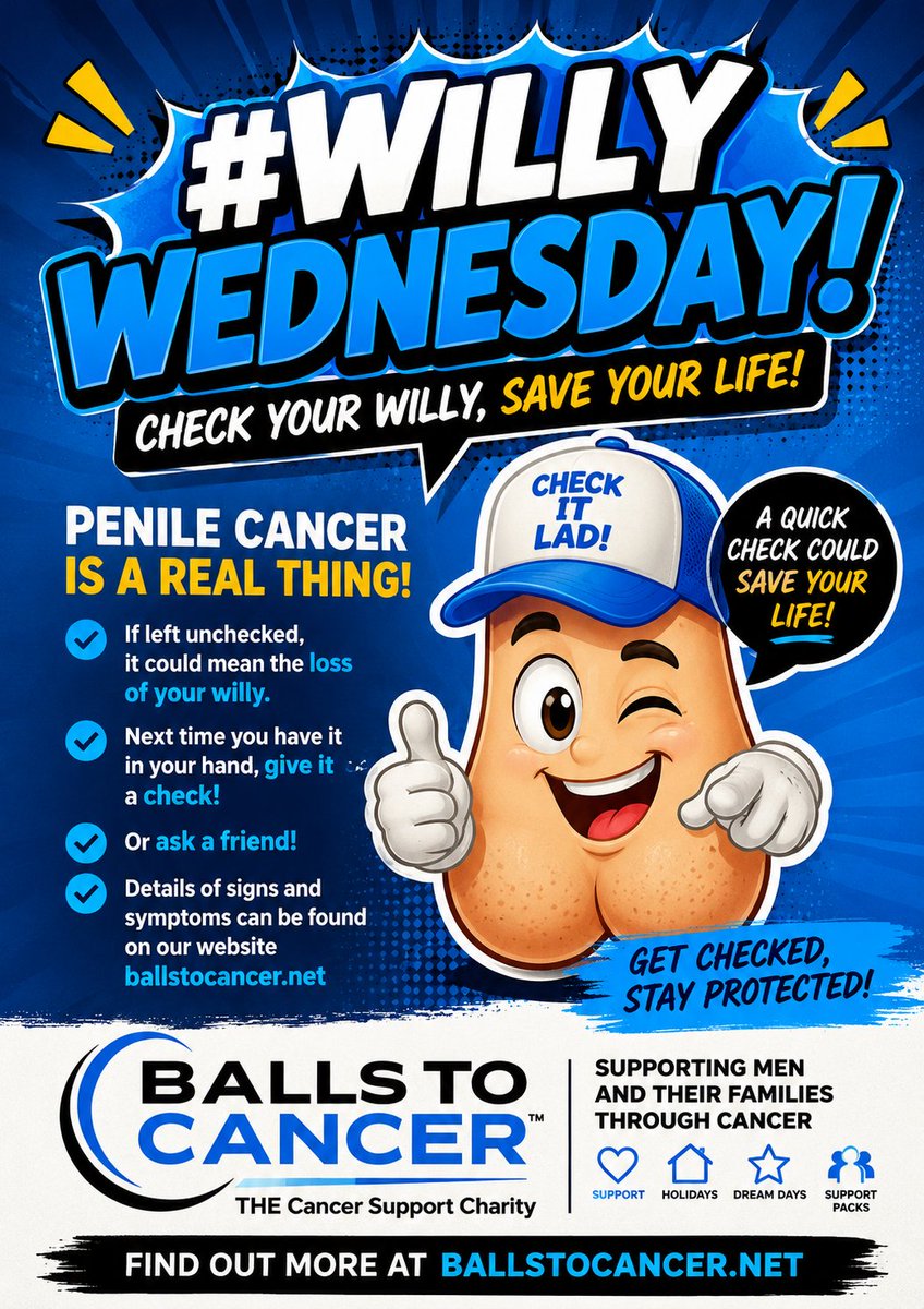 Ballstocancer's tweet photo. It's #WillyWednesday boys, it's often in your hands but rarely checked. Today is the day of the week to take a closer look, check for lumps, bumps, and colour changes in the old boy. For more details check out our website! You don't want to lose it do you? #checkyourwilly https://t.co/vD3Gsa38XB