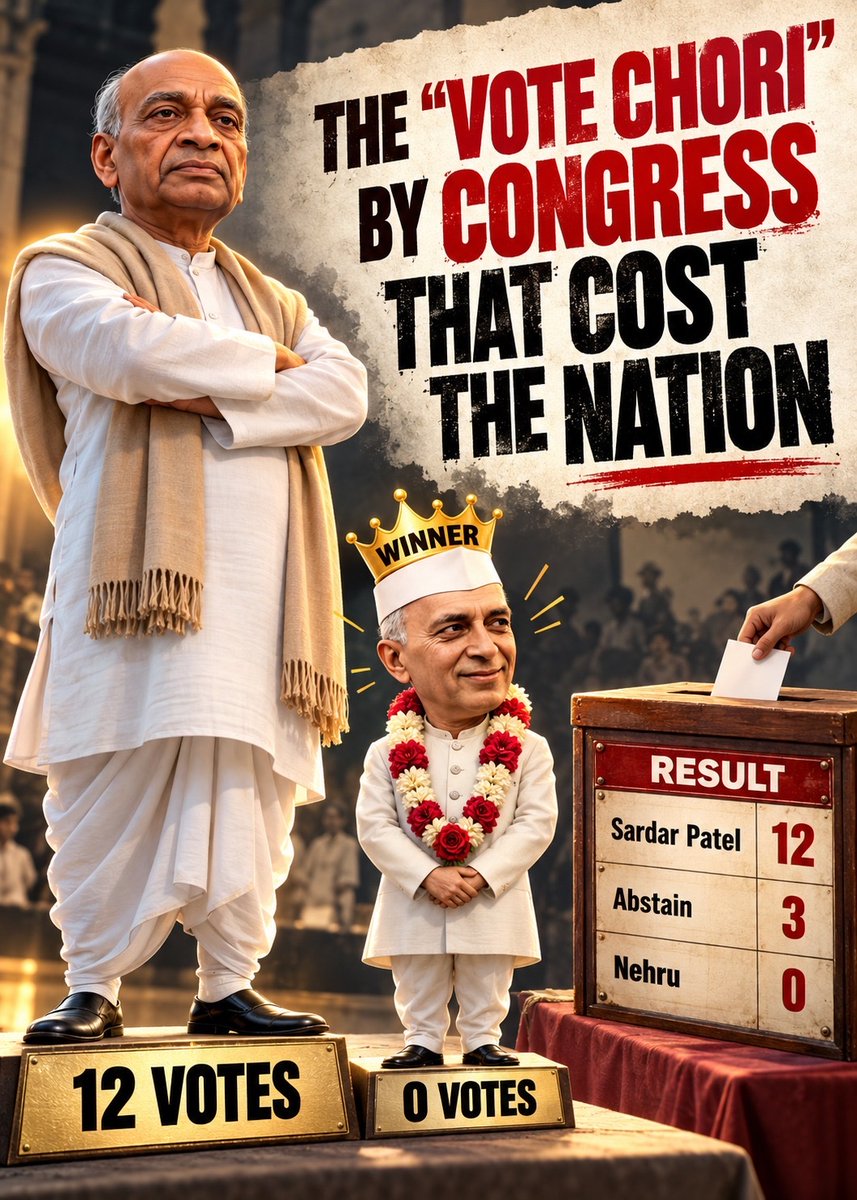 BJP4Goa's tweet photo. India has democratically elected Prime Minister Narendra Modi ji and No fake propaganda can change that.

Nehru got 0 votes against Sardar Patel and became the PM.

That was the first Vote Chori of India, and the nation suffered for 70 years because of it.

Congress should first look in the mirror to see what an ‘Illegal PM’ really looks like.