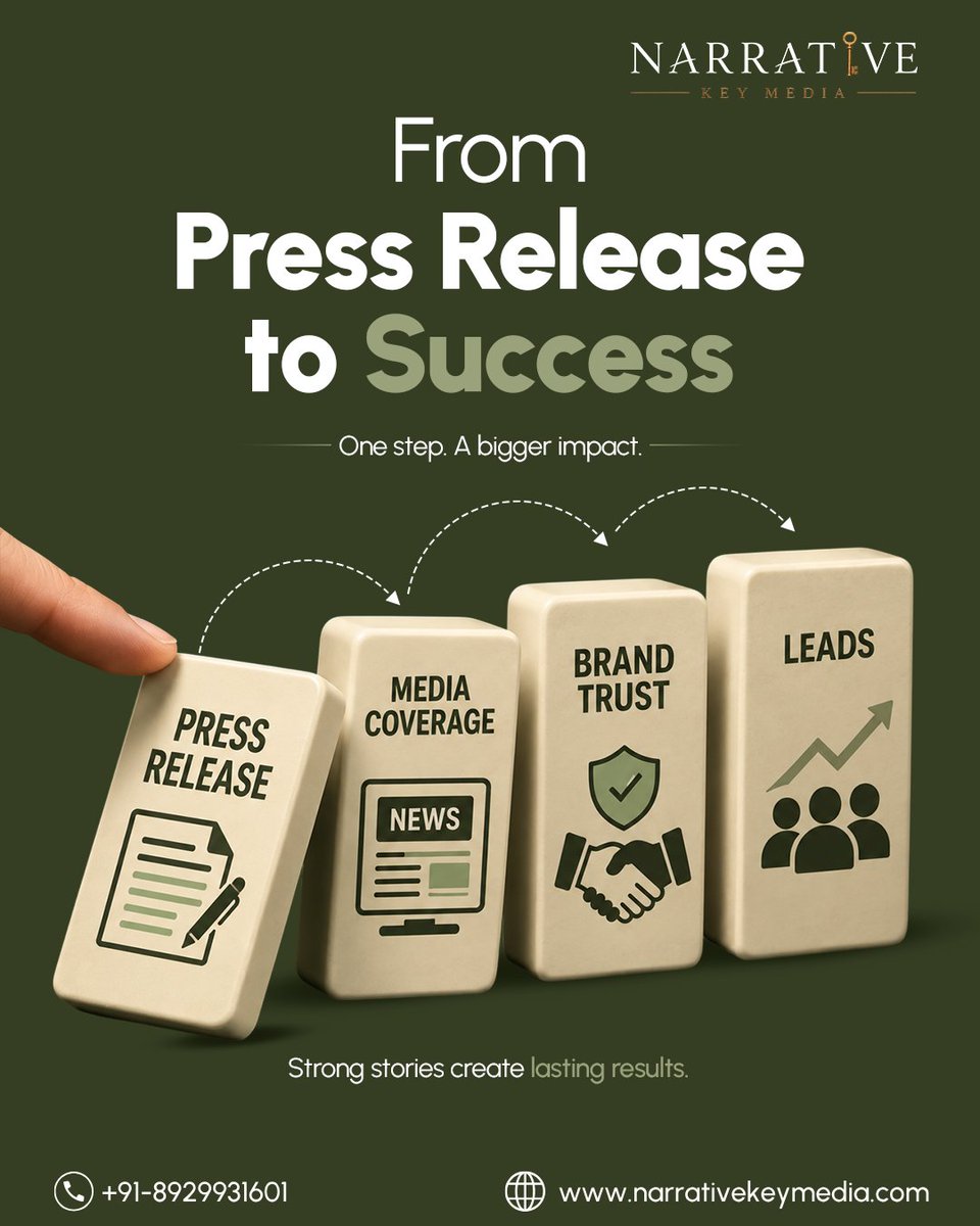 NarrativeKey's tweet photo. One press release can start a chain reaction. 
𝗣𝗿𝗲𝘀𝘀 𝗿𝗲𝗹𝗲𝗮𝘀𝗲 → 𝗠𝗲𝗱𝗶𝗮 𝗰𝗼𝘃𝗲𝗿𝗮𝗴𝗲 → 𝗕𝗿𝗮𝗻𝗱 𝘁𝗿𝘂𝘀𝘁 → 𝗟𝗲𝗮𝗱s

Narrative Key Media turns your story into lasting results.
#PressRelease #MediaCoverage #BrandVisibility #PublicRelations #BusinessGrowth https://t.co/SarbrNRTej