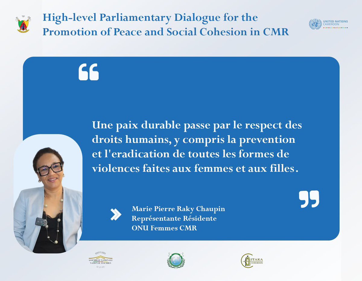 UN_Cameroon's tweet photo. “Une paix durable passe par la prévention et l’éradication de toutes formes de VBGs faites aux femmes et aux filles”. La Rep. Résidente #ONUFemmesCMR, @RakyChaupin, souligne l’urgence de protéger les femmes et les filles des VBGs pour bâtir une #paixdurable.
#JournéedelaPaix26 https://t.co/y78tmHlc54
