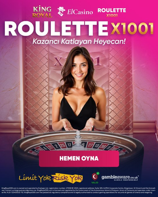 kingroyaltwit's tweet photo. 💎 ElCasino'nun özel Roulette X1001 oyunu şimdi KingRoyal'de!

🔥 Her dönüşte heyecanı artıran, 1001 kata varan çarpanlarla kazanç ihtimalini zirveye taşıyan eşsiz bir rulet deneyimi seni bekliyor.

Güncel Giris : https://t.co/KFJ4SMg6WF https://t.co/da1dqgJaYV