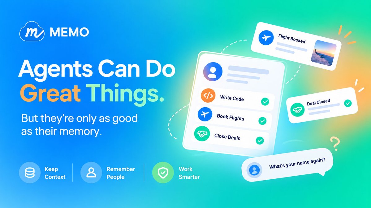 MemoLabsOrg's tweet photo. AI agents in 2026: write code, book flights, close deals.
Also AI agents: "Sorry, what was your name again?"

Memory used to be a nice-to-have. It's the whole job now. https://t.co/lrg3eGdIR3