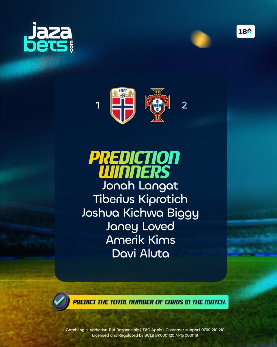 jazabets's tweet photo. Congratulations to our prediction winners mlipata correct! 🎉

Congrats kwa Norway vs Portugal prediction winners! Winners, tutumieni number yenu within the next 24 hours tuwajenge.

Cheza sasa 📲 https://t.co/vImpVdLiU1

#Jazabets #PredictionWinners https://t.co/W3vaJxwCDf
