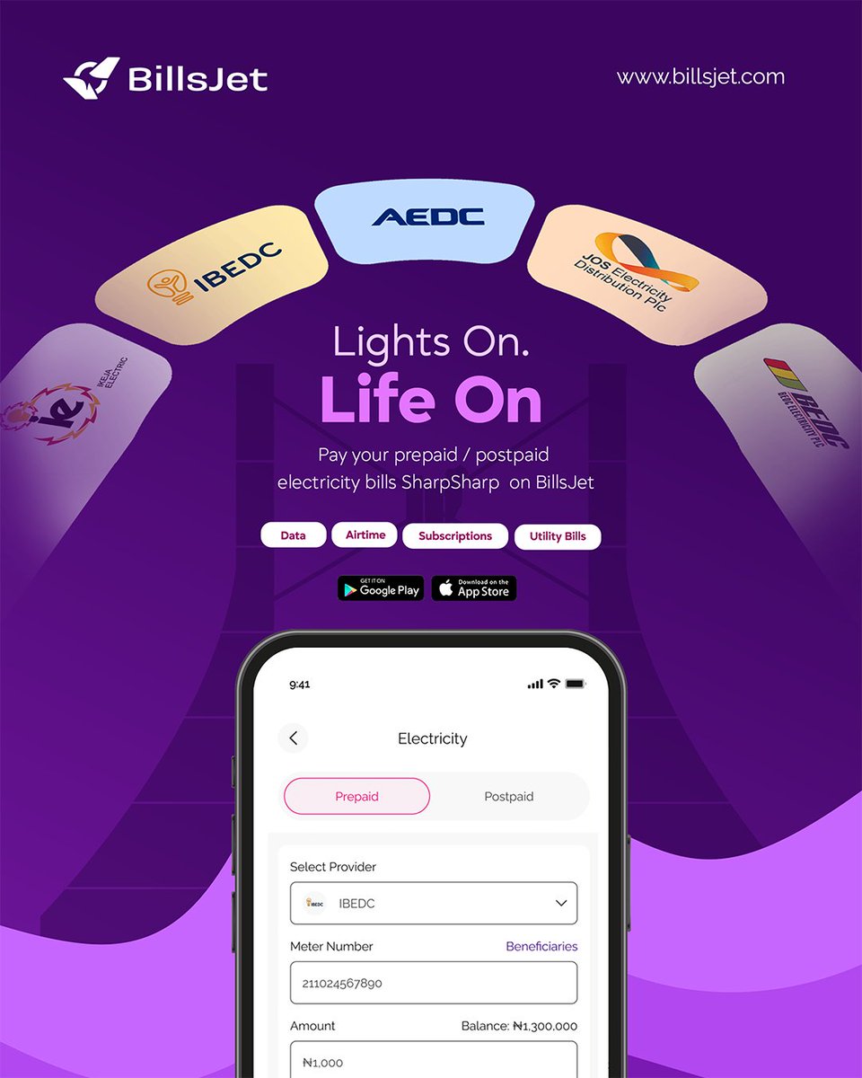 billsjet_'s tweet photo. No Light, No Enjoyment! 

Keep things running by paying electricity bills seamlessly on BillsJet. Whether prepaid or postpaid, get it sorted without stress. 🤏

#PayWithBillsJet #SharpSharpPayments #BillPayment #Data #Electricity https://t.co/wZROAmgAs4