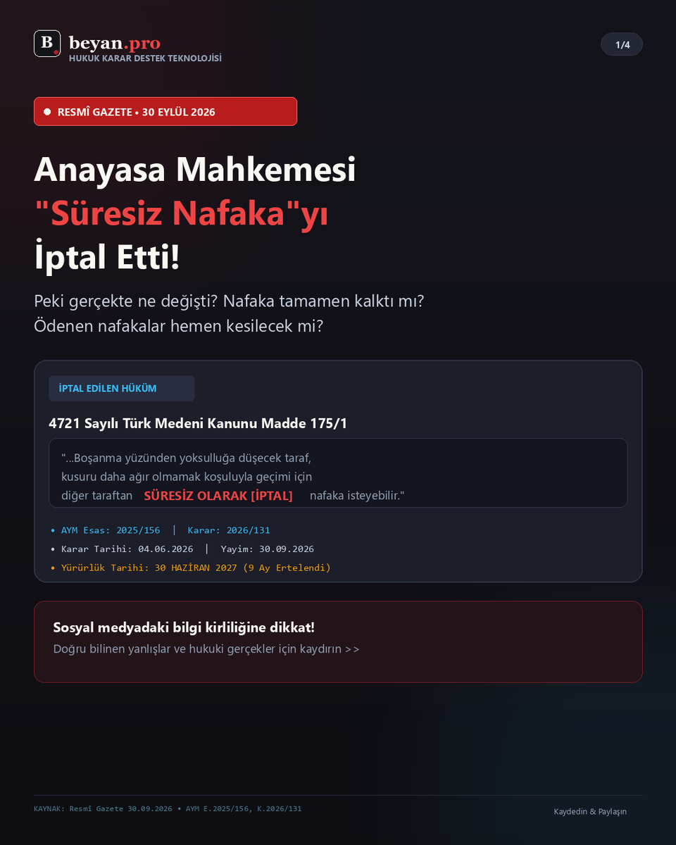 beyan_pro's tweet photo. 🚨 Anayasa Mahkemesi TMK m. 175'teki "süresiz nafaka" kuralını İPTAL ETTİ! (R.G. 30 Eylül 2026)
Peki nafaka tamamen kalktı mı? Yarın ne değişecek?
Sosyal medyadaki bilgi kirliliğine karşı 5 maddede hukuki gerçekler: 🧵👇
#Nafaka #SüresizNafaka #AYM https://t.co/OpZe1kgMQc