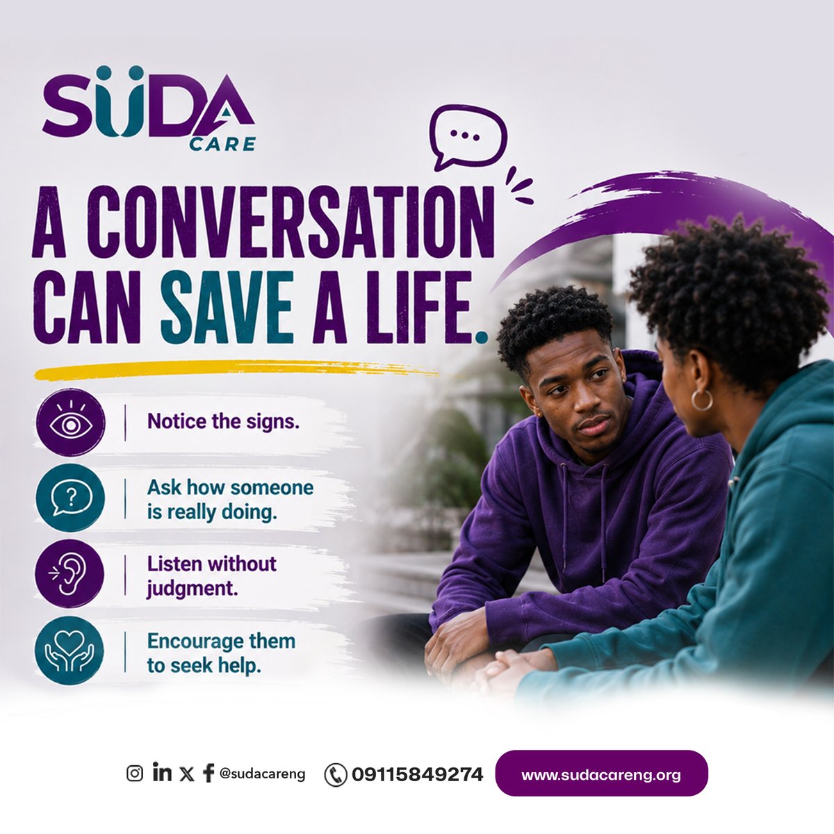 sudacareng's tweet photo. Sometimes, the most important thing someone needs is to know that they are not alone.

A simple “How are you really doing?” can open the door to a conversation that matters. Listen without judgment, pay attention to the signs, and encourage help when it’s needed.

#SUDAcare https://t.co/WfydkUIxiV