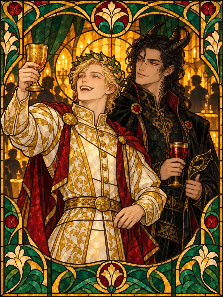 BjLin10's tweet photo. "You came to kill me. I know." The Dragon and His Slayer, in Mucha stained-glass style. made with GPT Image 2.5 #AIart #artnouveau https://t.co/qsslB3PO5q