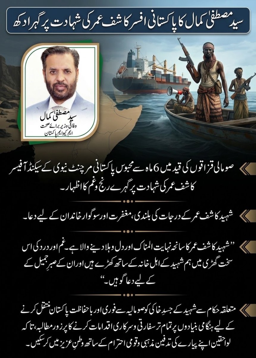 KamalMQM's tweet photo. ایم کیو ایم پاکستان کے سینئر مرکزی رہنما اور وفاقی وزیر برائے صحت سید مصطفیٰ کمال نے 6 ماہ سے صومالی قزاقوں کی قید میں پاکستانی شہری اور مرچنٹ نیوی کے سیکنڈ آفیسر کاشف عمر کی شہادت پر گہرے افسوس اور رنج و غم کا اظہار کیا ہے۔
سید مصطفیٰ کمال نے شہید کاشف عمر کے درجات کی بلندی اور ان کی مغفرت کے لیے دعا کرتے ہوئے سوگوار خاندان سے دلی تعزیت اور ہمدردی کا اظہار کیا۔ اپنے بیان میں وفاقی وزیر نے مزید کہا شہید کاشف عمر کا سانحہ نہایت المناک اور دل دہلا دینے والا ہے۔ غم اور درد کی اس سخت گھڑی میں ہم شہید کے اہل خانہ کے ساتھ کھڑے ہیں اور ان کے صبرِ جمیل کے لیے دعا گو ہیں۔
مصطفیٰ کمال نے متعلقہ حکام سے پر زور دیتے ہوئے کہا کہ شہید کاشف عمر کے جسدِ خاکی کو صومالیہ سے فوری اور باحفاظت پاکستان منتقل کرنے کے لیے ہنگامی بنیادوں پر تمام تر سفارتی و سرکاری اقدامات کیے جائیں، تاکہ لواحقین اپنے پیارے کی تدفین مذہبی و قومی احترام کے ساتھ وطنِ عزیز میں کر سکیں۔