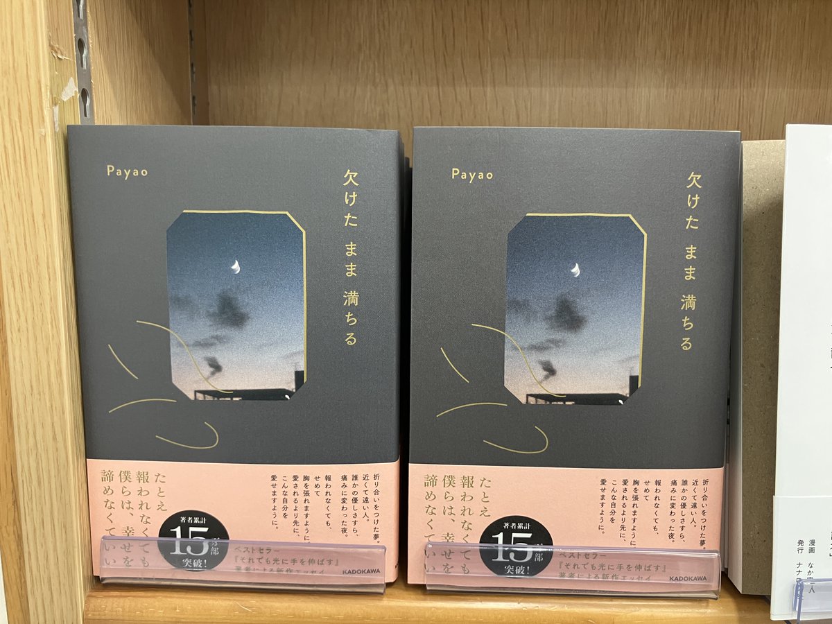 junkuike_bunbun's tweet photo. 【新刊入荷🌙】
Payao『欠けたまま満ちる』KADOKAWA

「努力は実る」「夢は叶う」。子どもの頃に信じていたあの言葉は、優しい嘘だったのかもしれない。誰かに愛されるより先に、まずはこんな自分を愛せますように―。
大ヒット『それでも光に手を伸ばす』のPayao、待望の新作。 https://t.co/Ty0EkyoABd