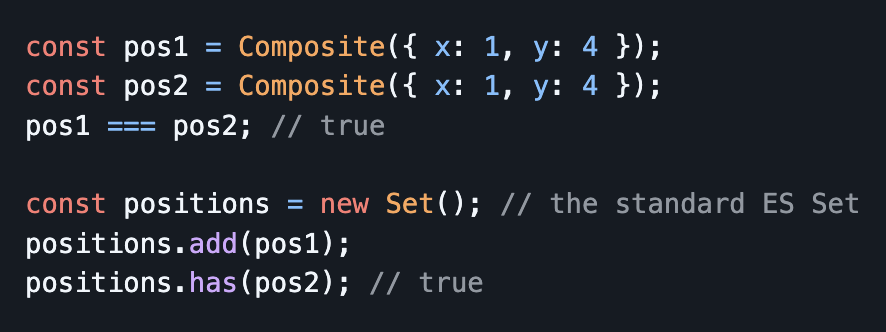 robpalmer2's tweet photo. ECMAScript excitement 😉

Congrats to @acutmore from @TechAtBloomberg on advancing the Composites proposal to Stage 2 at @TC39 today 🎉

Composites are objects that are compared by value instead of identity. They are an evolution of Record &amp; Tuple proposal. https://t.co/mahbnmV8gP
